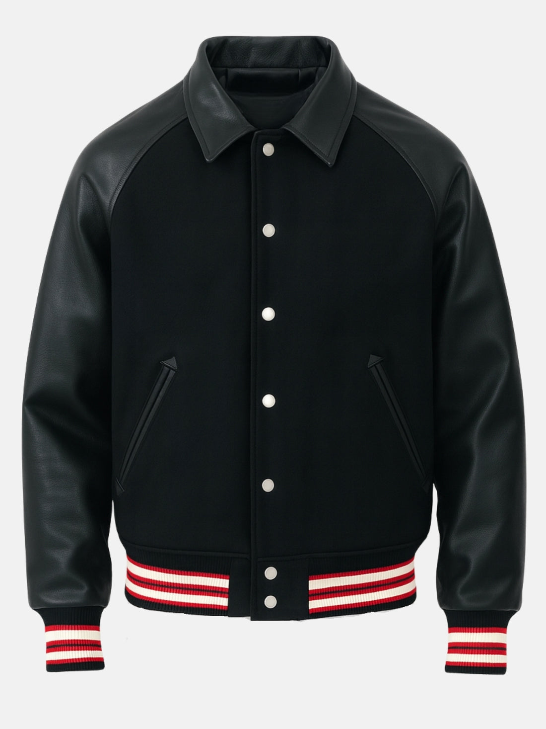 Man wearing collared black varsity jacket with leather raglan sleeves and red striped trims