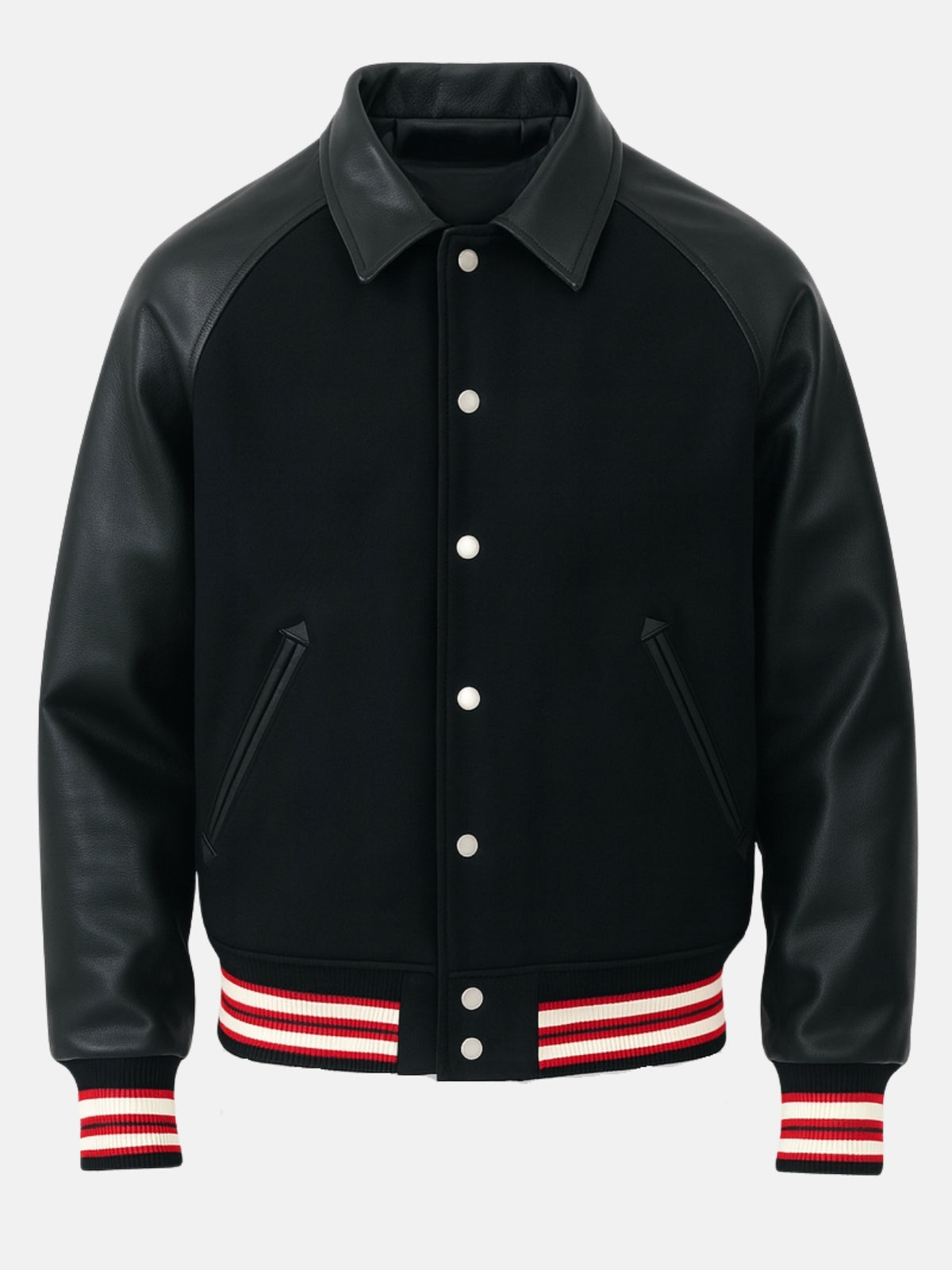 Collared black varsity jacket with white snaps, red striped ribbing and Varsity Forge neck label