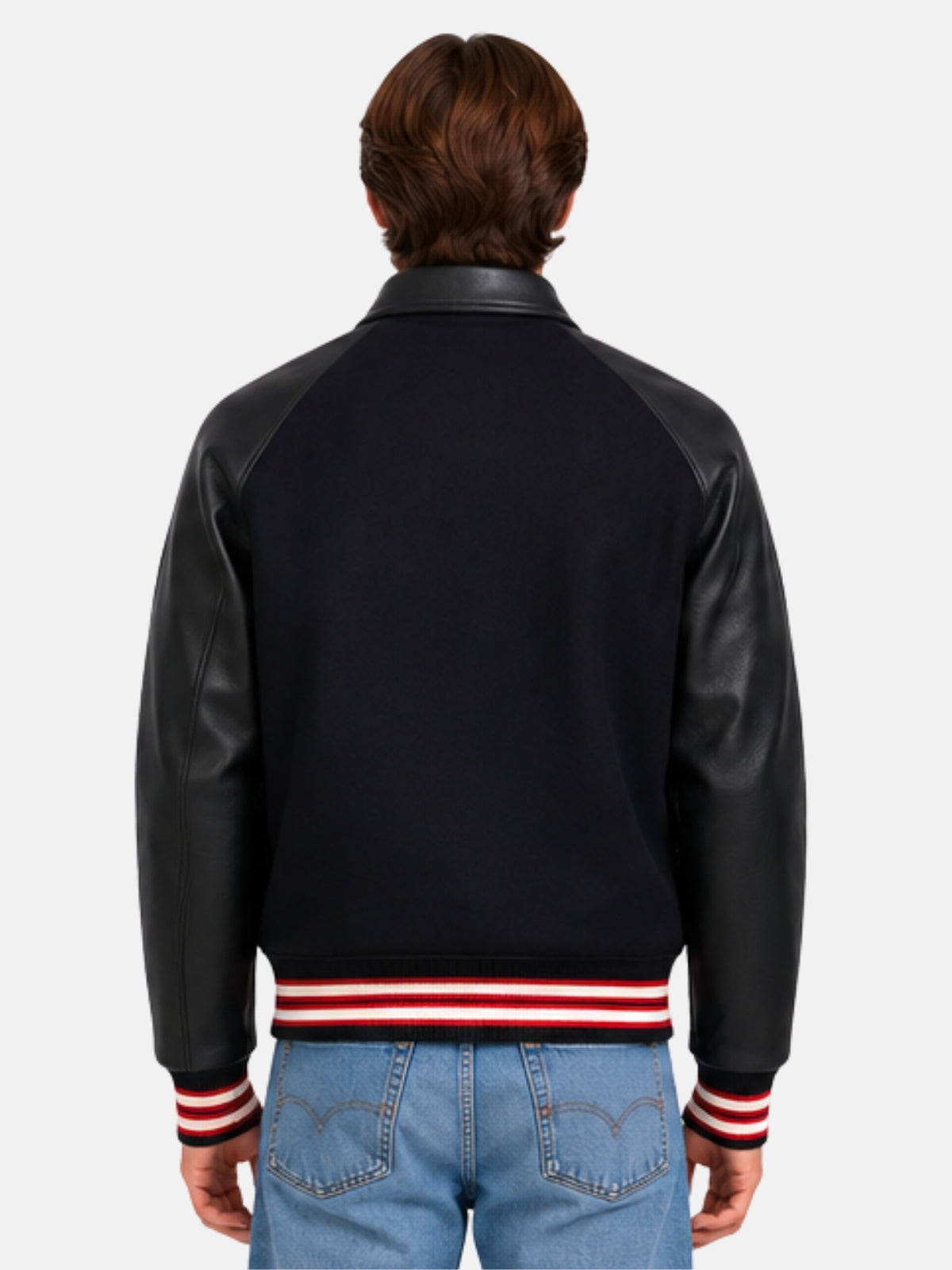 Model showing plain black back of wool varsity jacket with red and cream striped hem