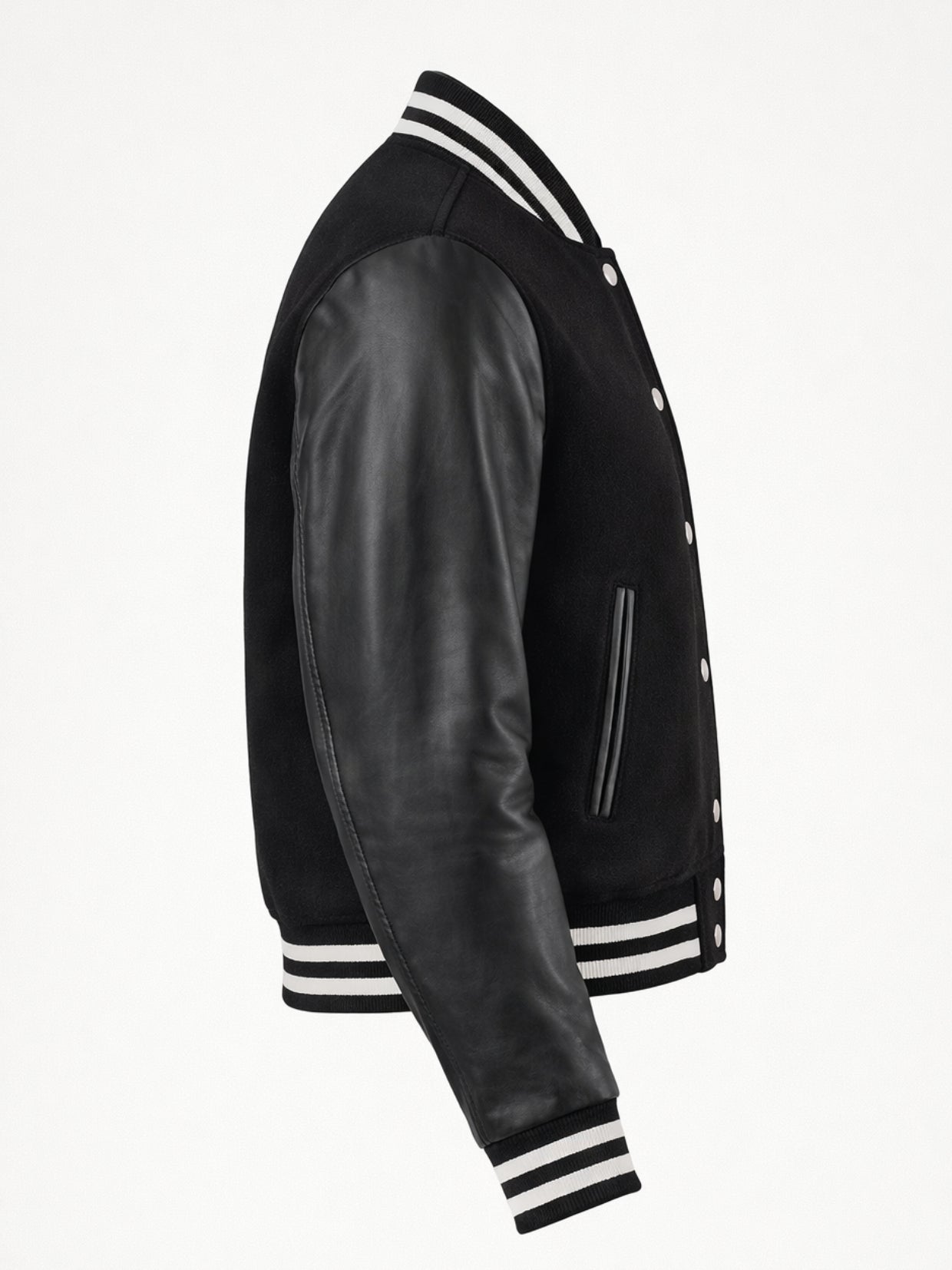 Black varsity jacket with white and black striped trim on a white background