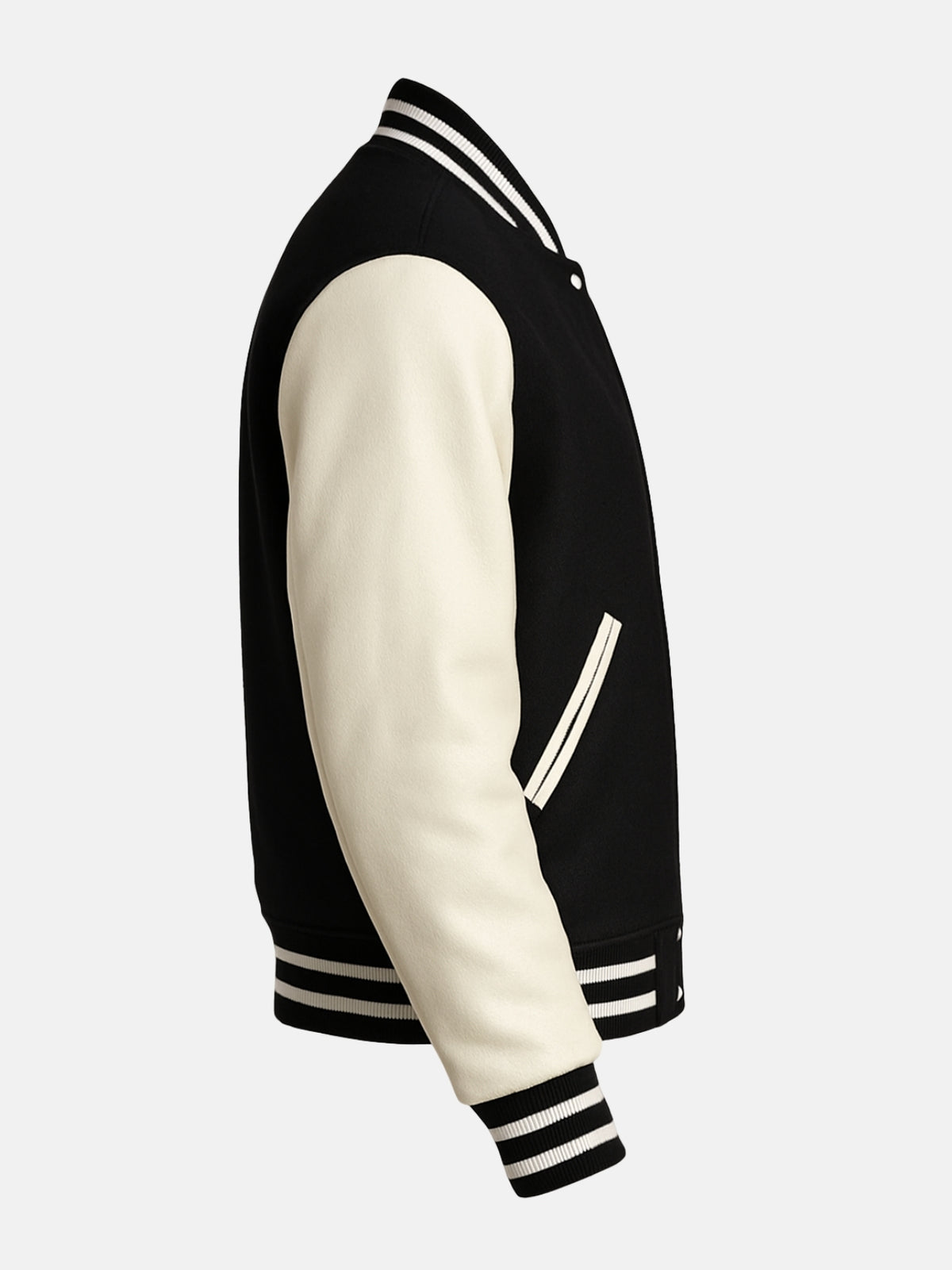 Flat side view of black varsity jacket showing white welt piping and ivory sleeve