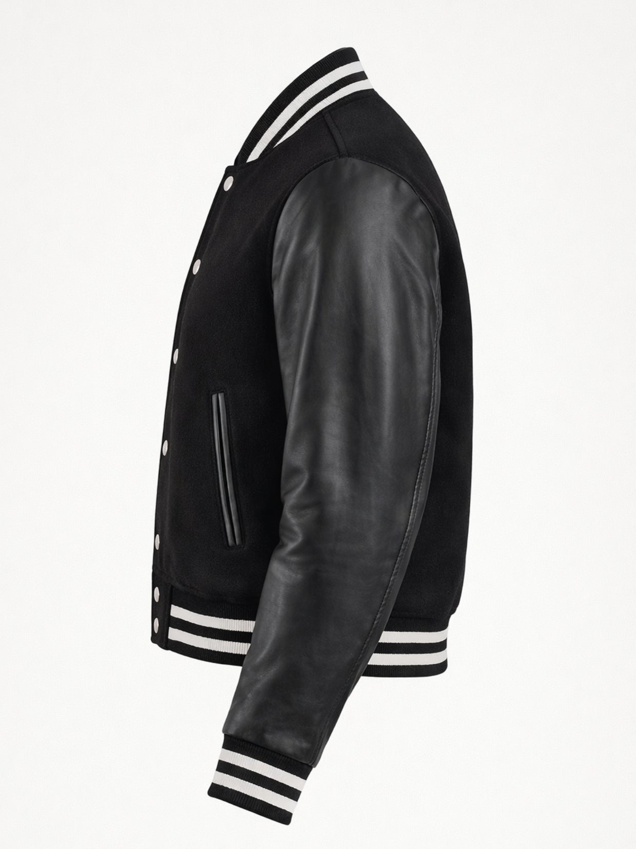 Side flat view of black womens varsity jacket showing leather-trimmed welt pocket