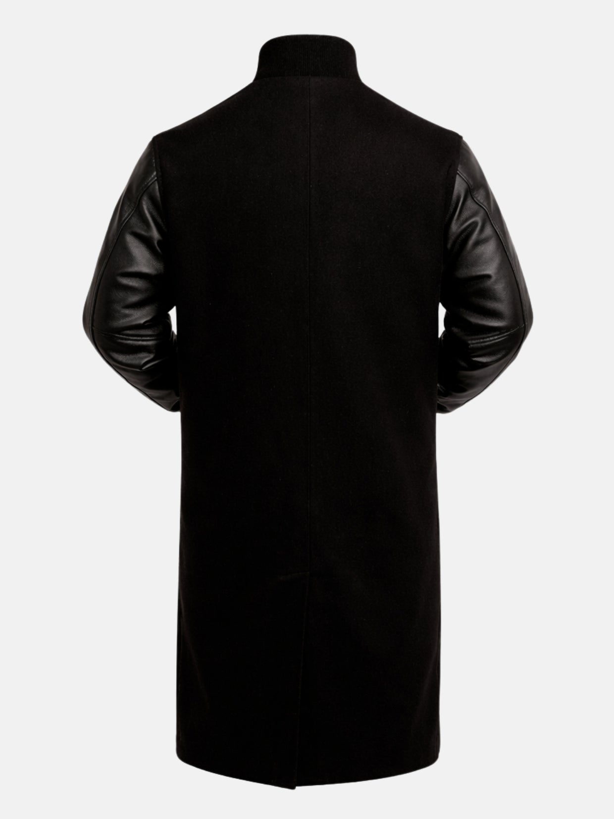 Back of black wool varsity overcoat with center vent and leather sleeves
