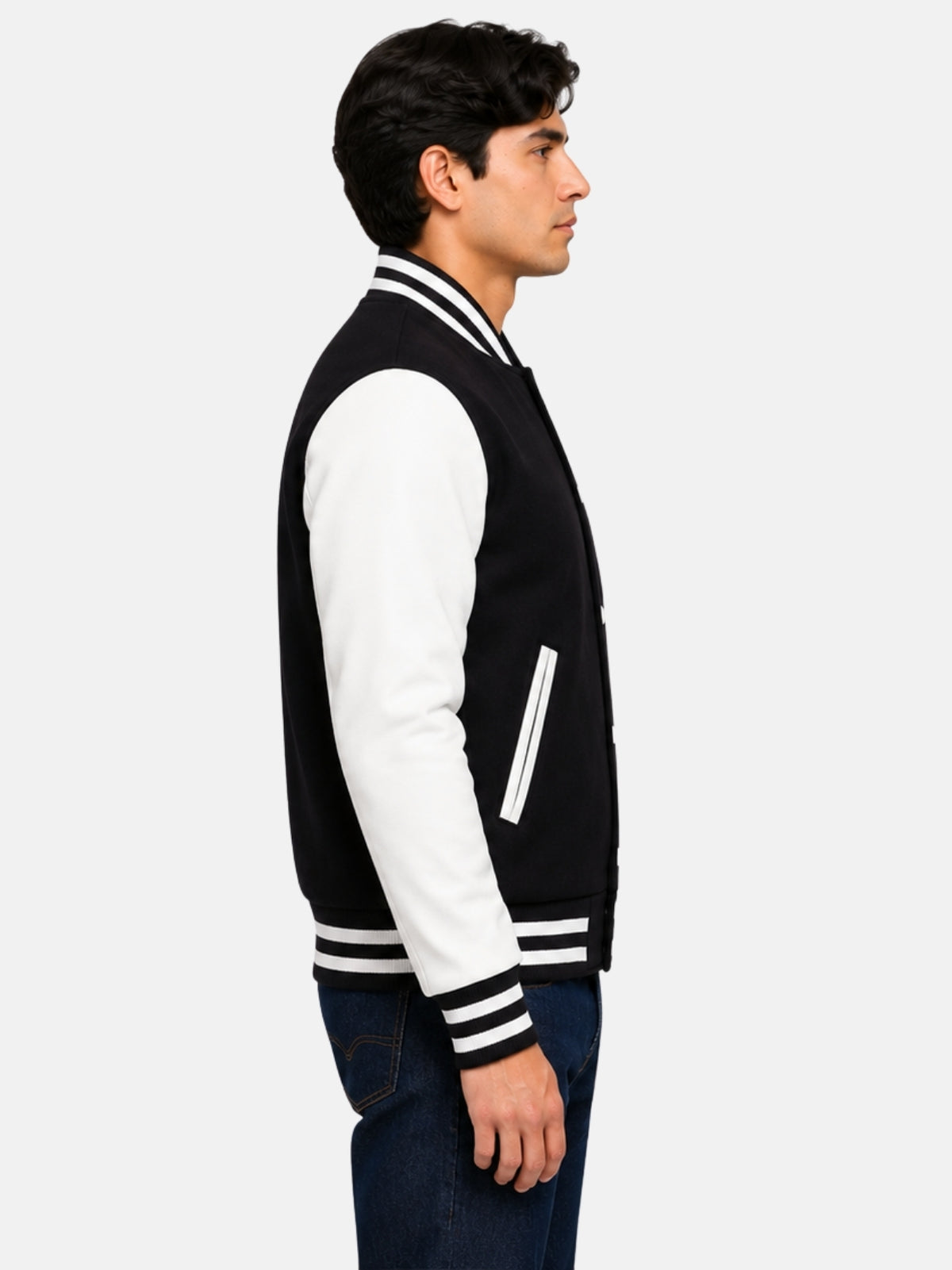 Side profile of black and white baseball-collar jacket showing striped rib-knit trims