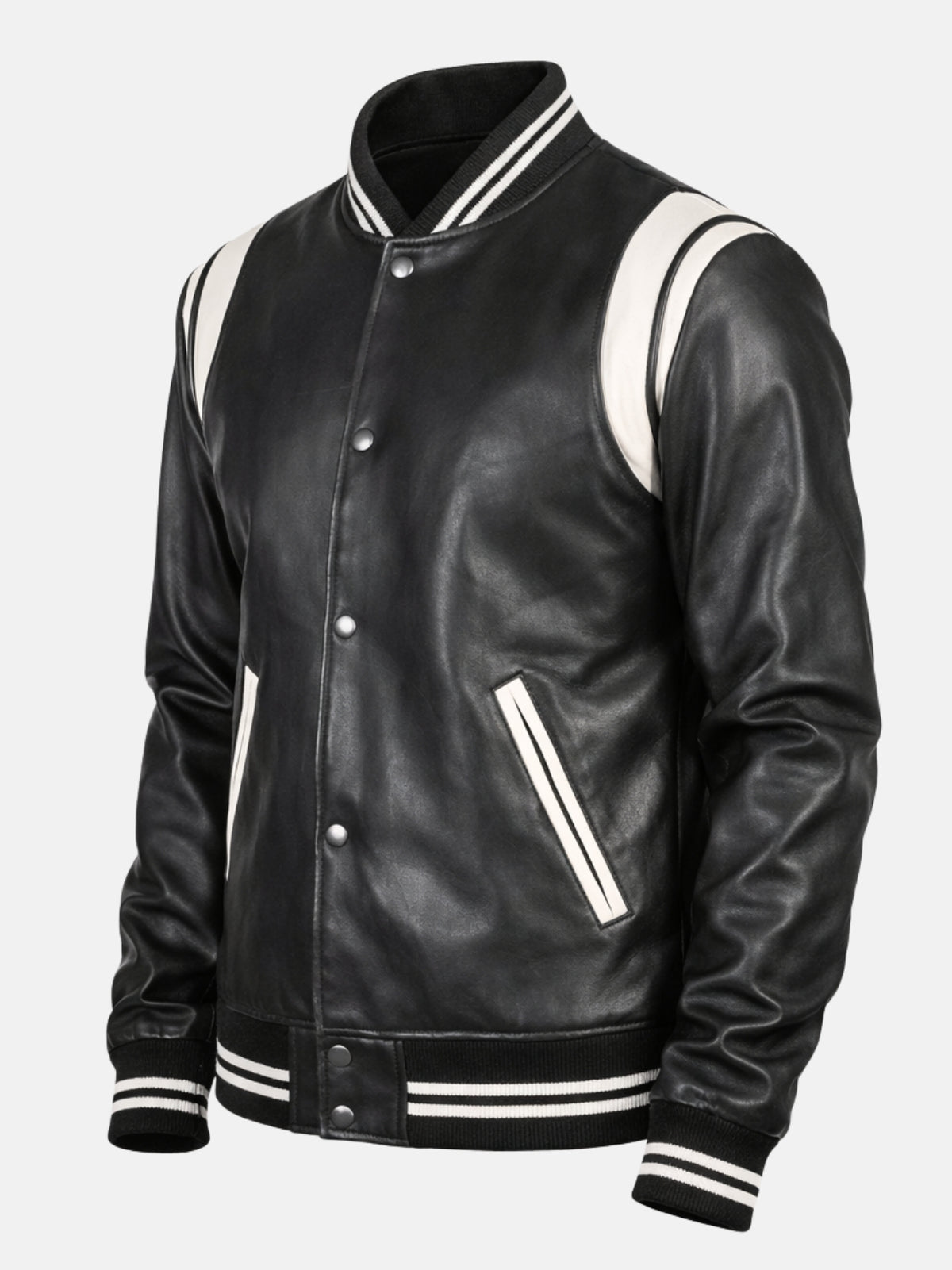 Angled view of black leather college jacket with white shoulder inserts and snap front
