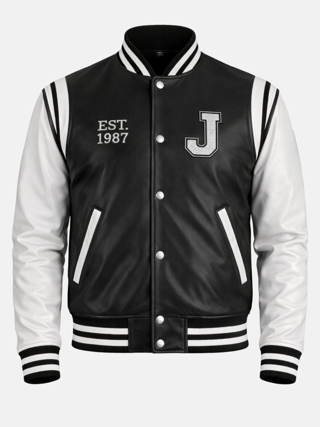 Man wearing black and white leather letterman jacket with chenille J patch and Est 1987 embroidery