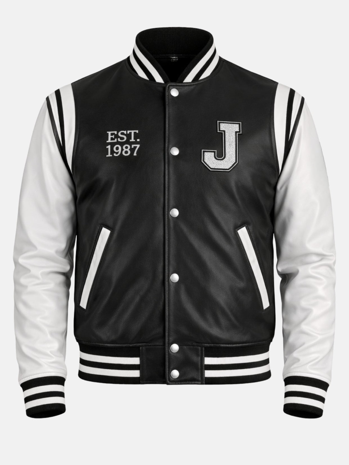 Black and white leather letterman jacket with chenille J patch, snaps and striped ribbing