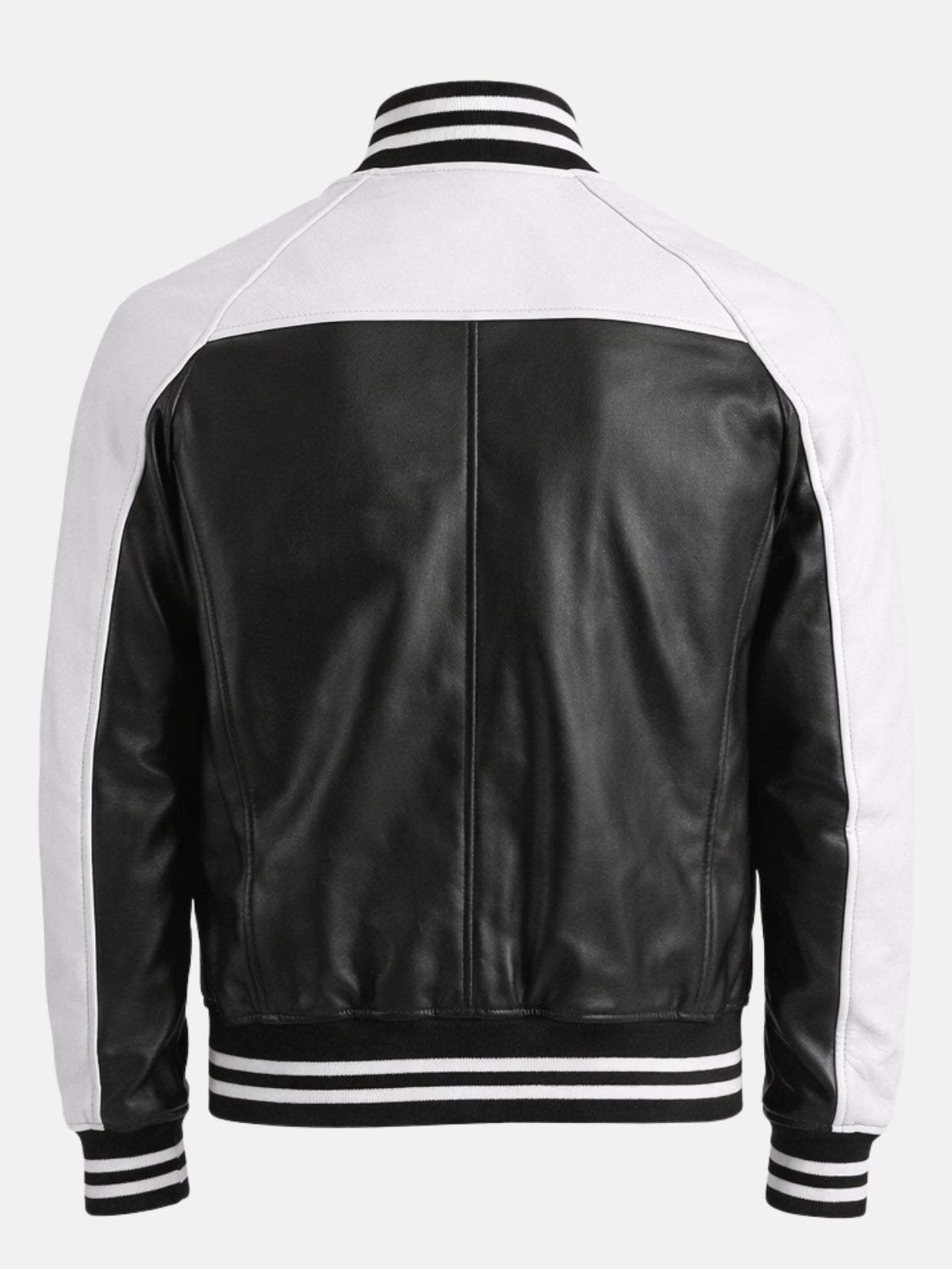 Back of black and white leather varsity jacket with contrast yoke
