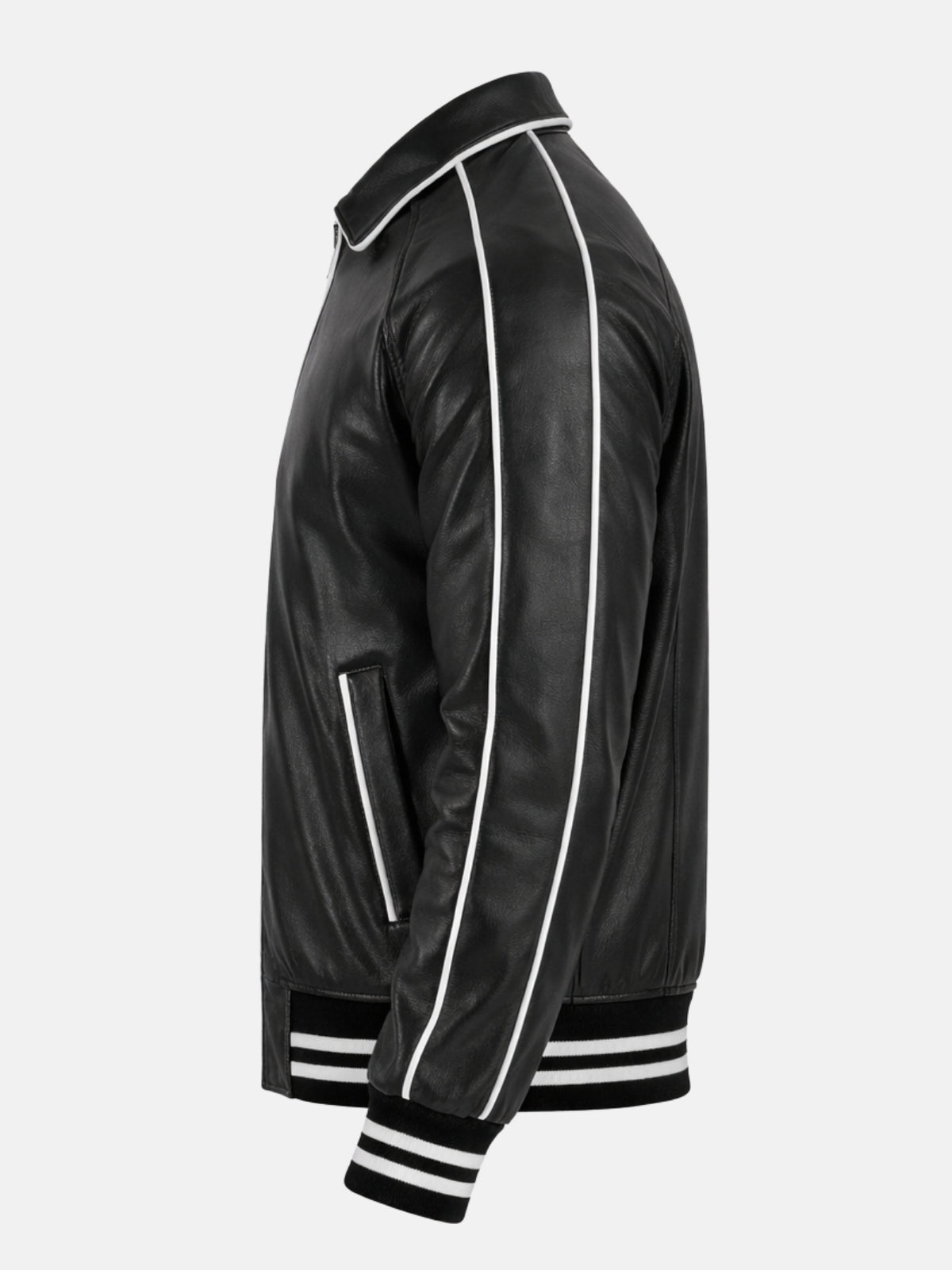 Left side of black leather varsity jacket with piped collar and striped knit cuffs