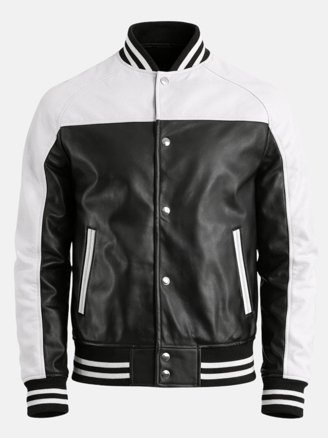 Man wearing black and white leather varsity jacket with snap front