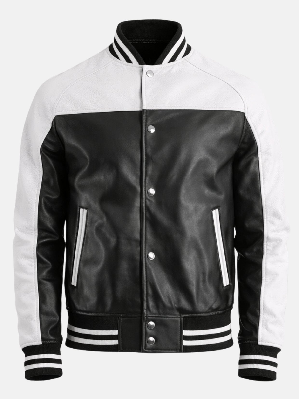 Black and white leather varsity jacket with silver snaps and piped pockets