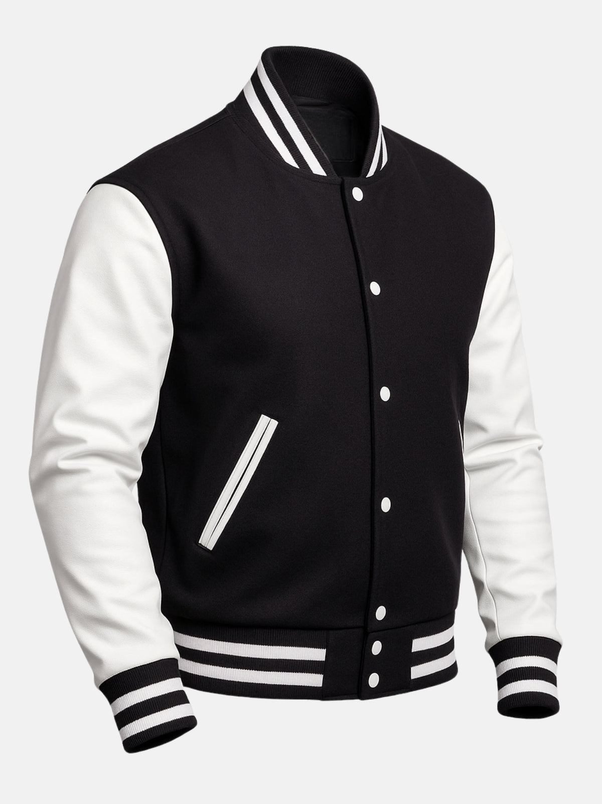 Angled view of mens black and white letterman jacket with white snap front and striped hem