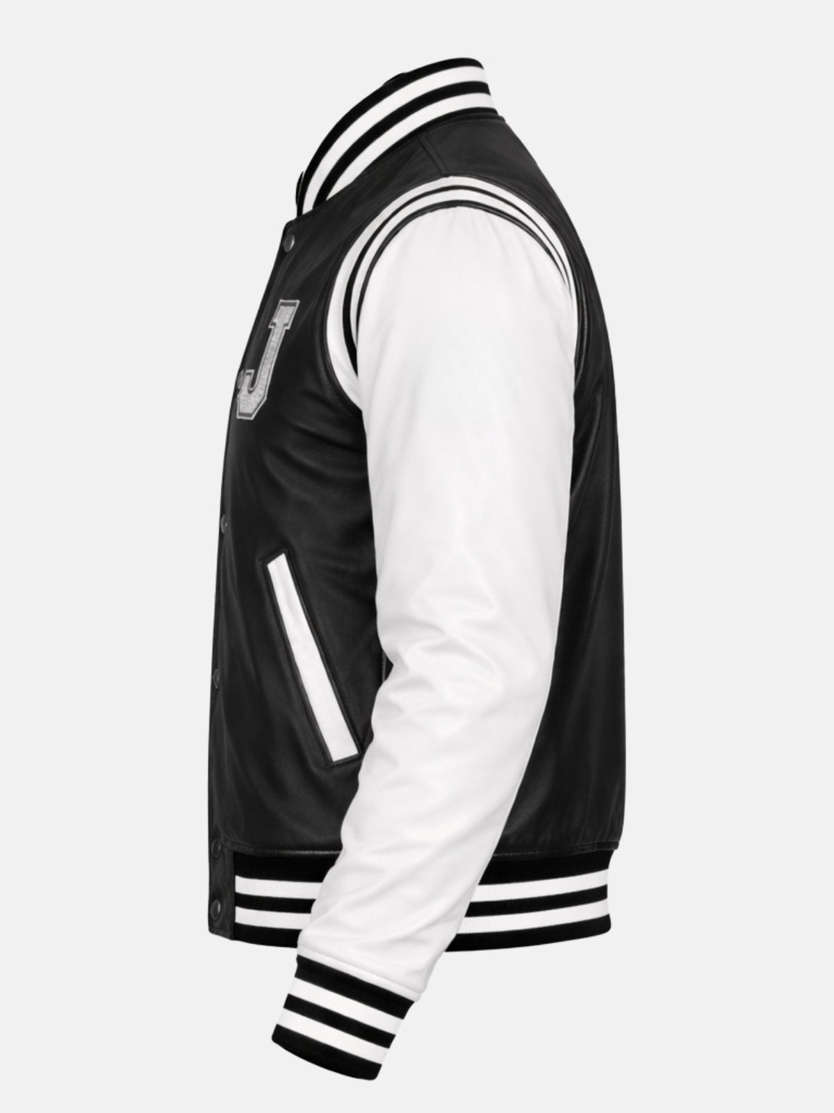 Chenille varsity letter patch on black leather letterman jacket, side view