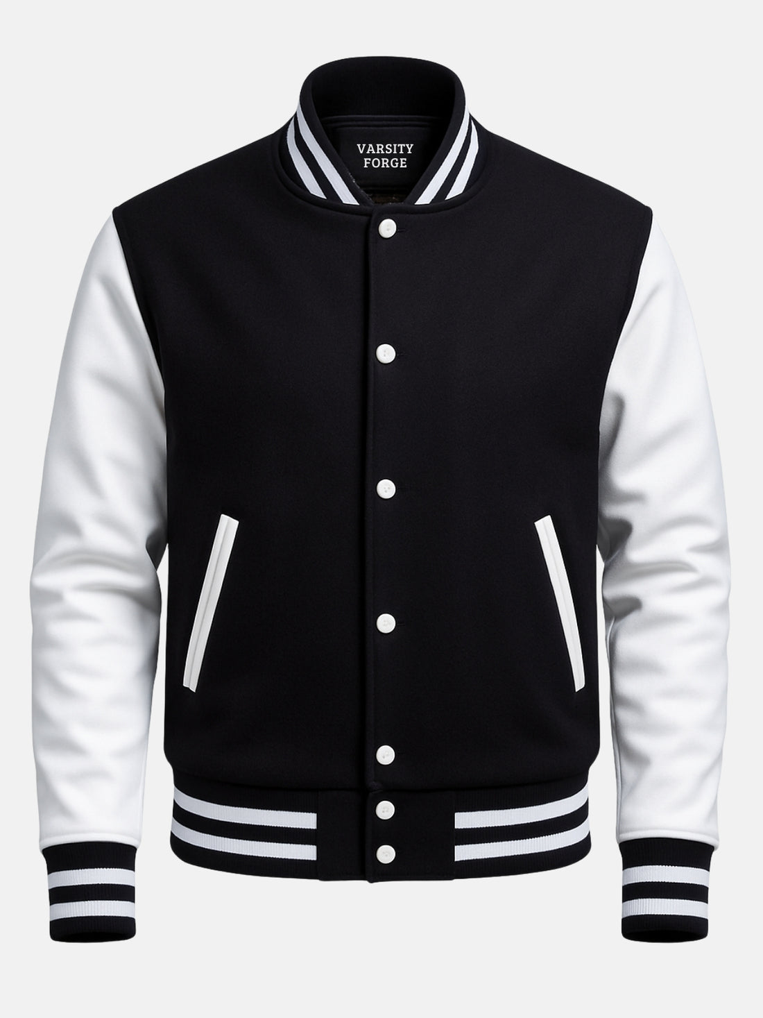 Man wearing black and white varsity jacket in size Medium with dark denim, front view