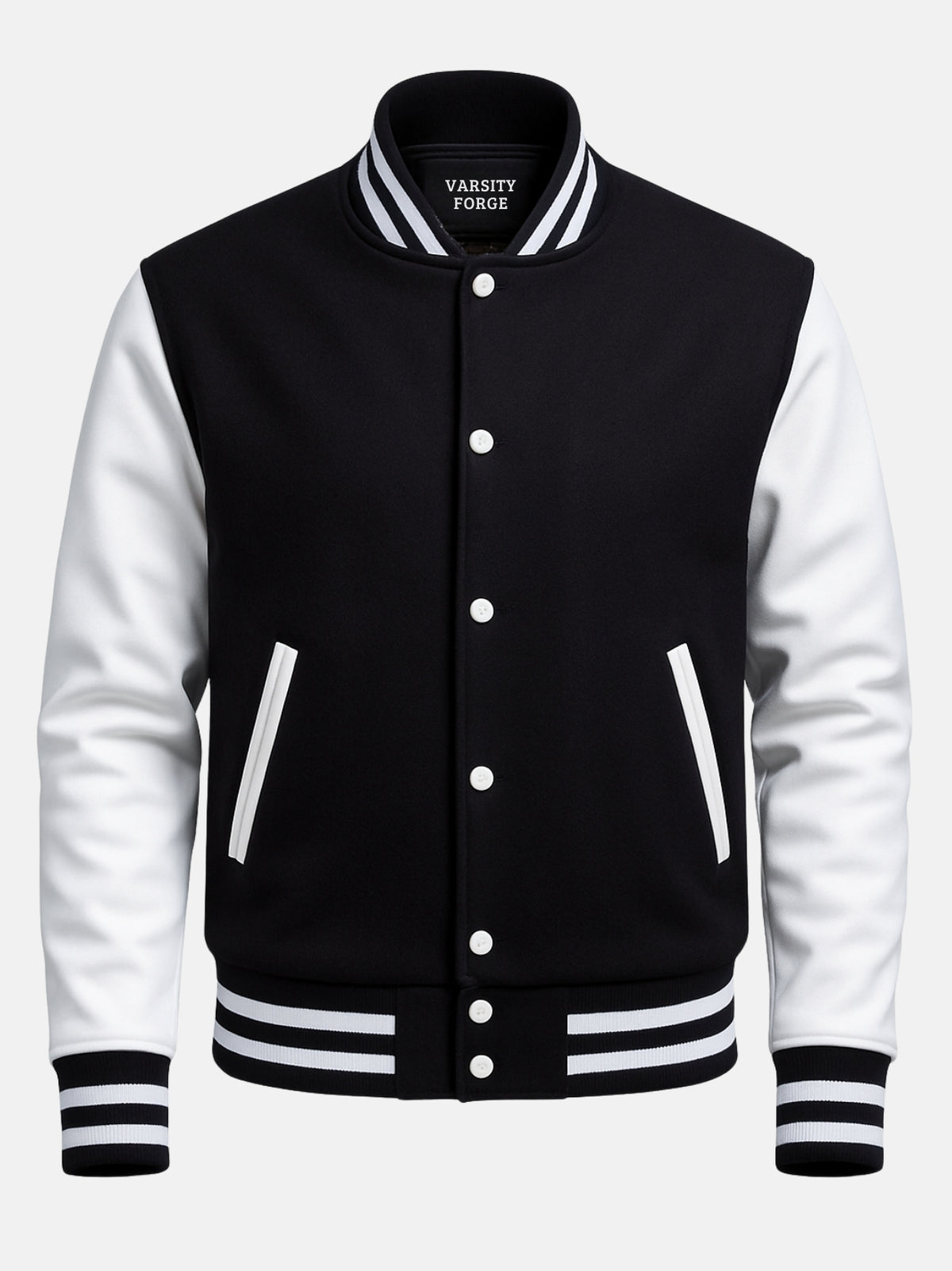 Black and white varsity jacket with striped knit trims, white snaps and Varsity Forge neck label
