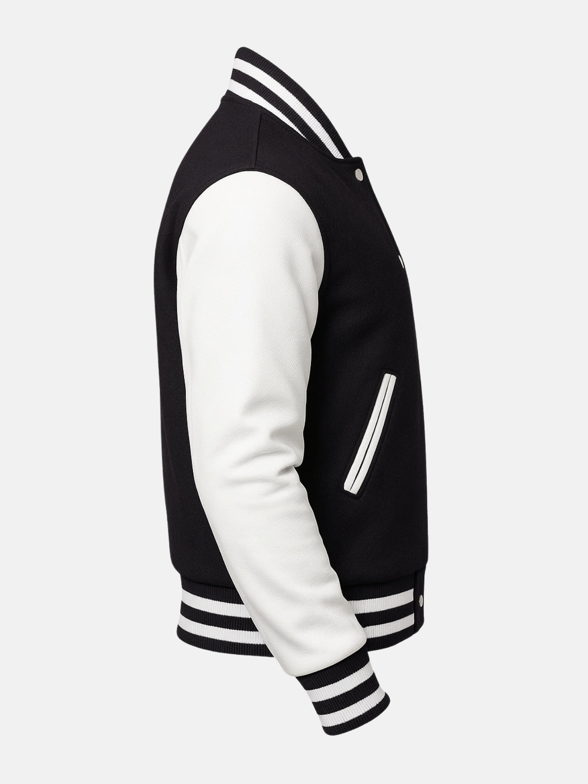 White leather-piped welt pocket on black melton wool varsity jacket, side view