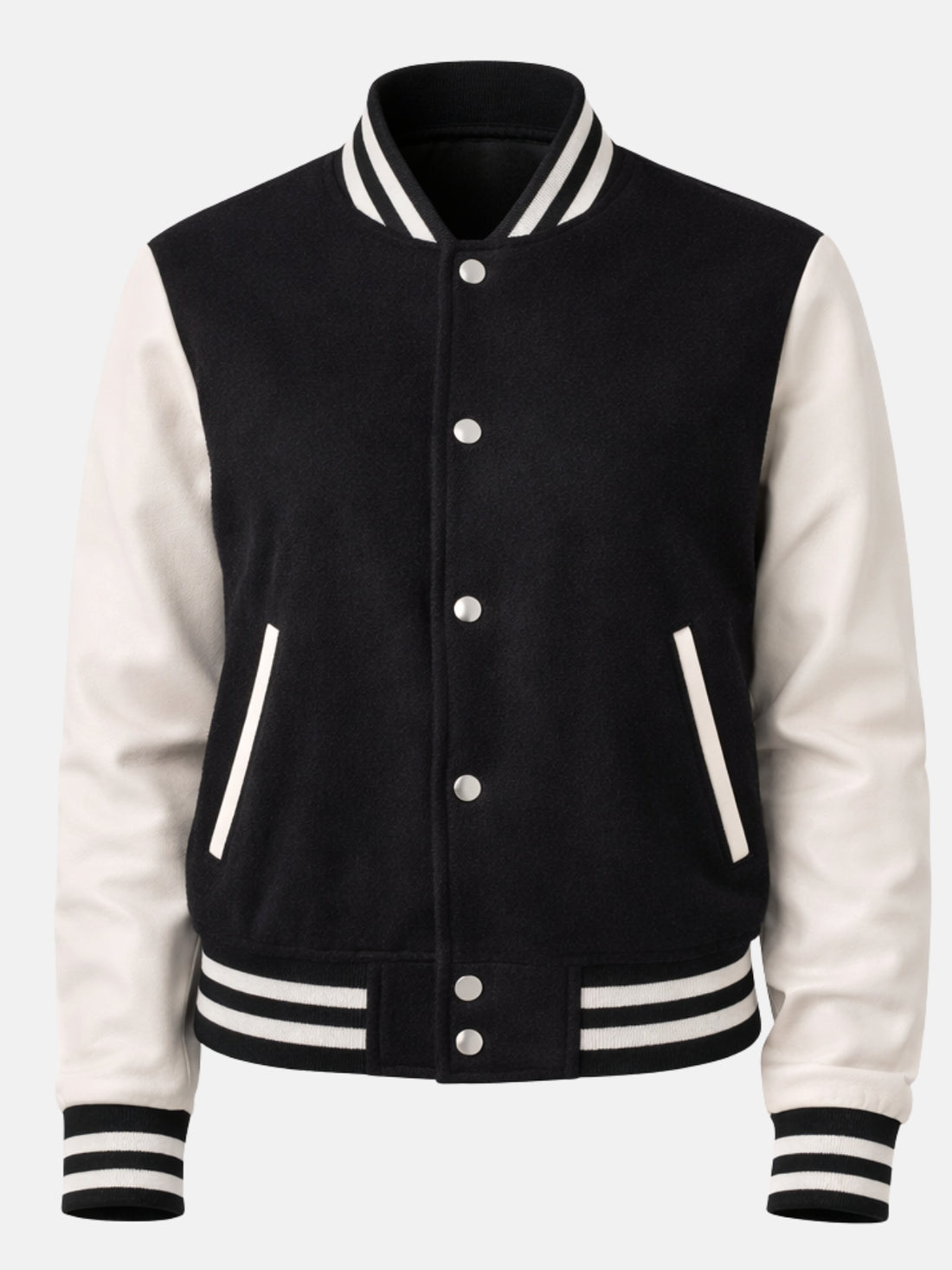Woman wearing a black and white varsity jacket with cream leather sleeves