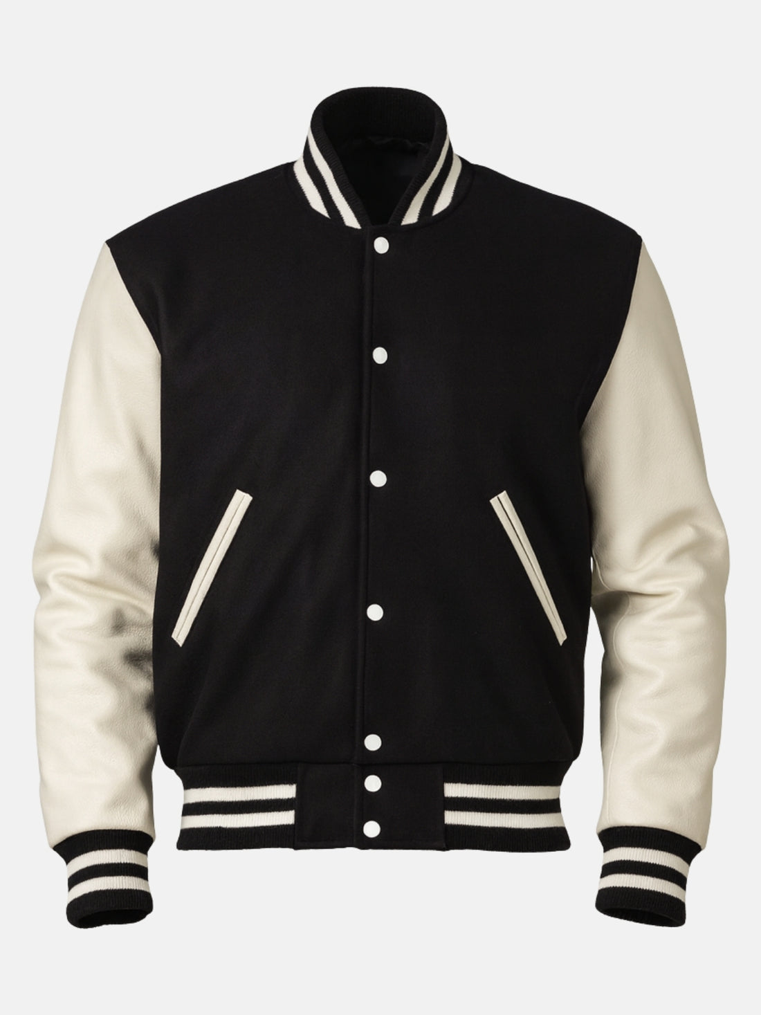 Man wearing a black and white varsity jacket with striped rib trims and white snaps