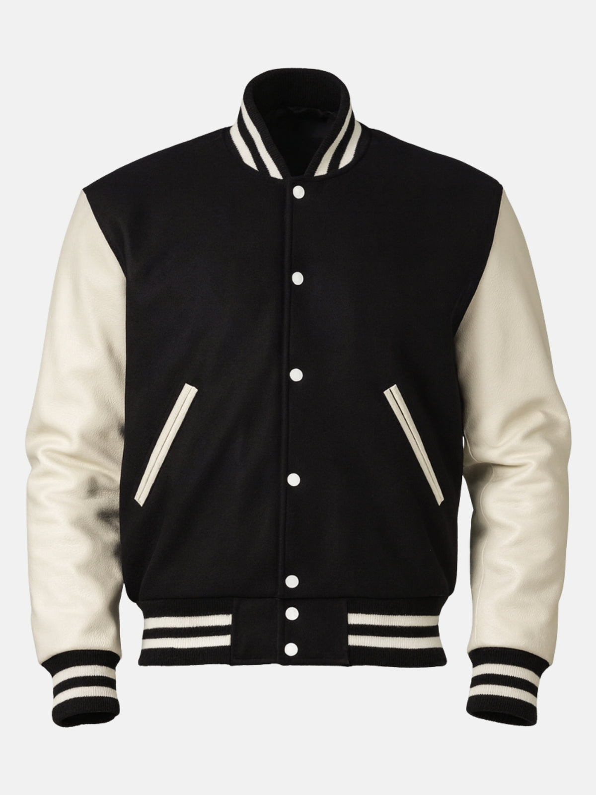 Black varsity jacket flat front with white snaps and white-piped welt pockets