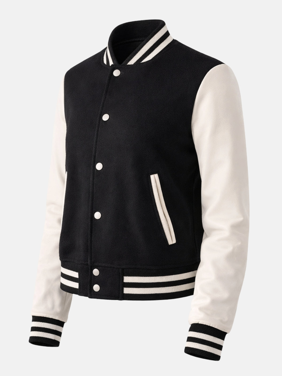 Angled view of black and white womens varsity jacket with snap placket