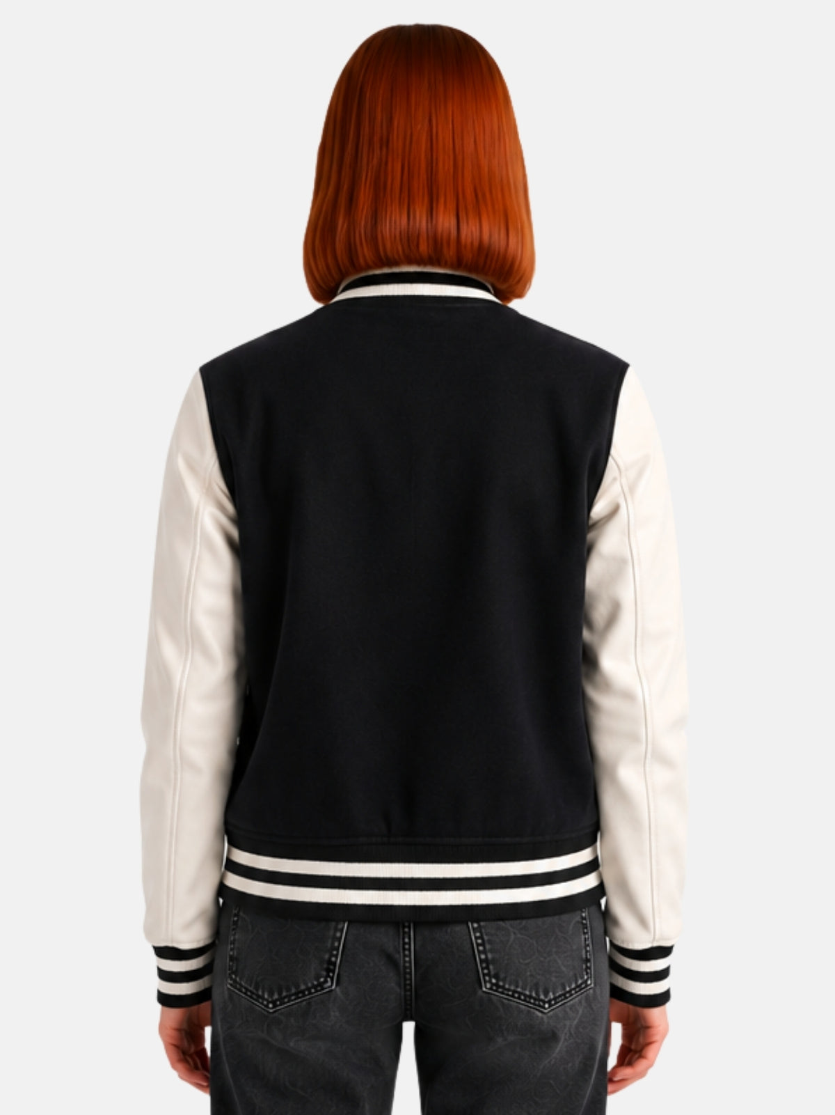 Back view of womens black and white varsity jacket with clean back panel