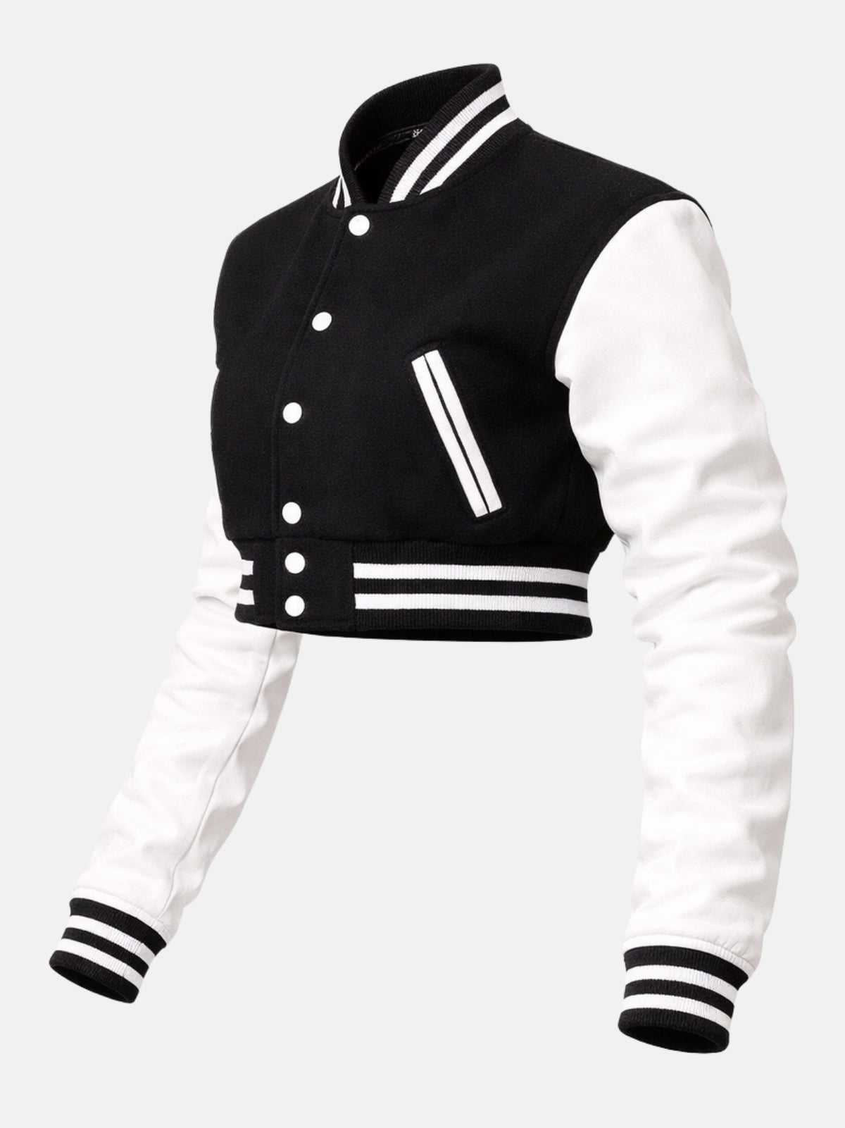 Flat lay, three-quarter side angle, sleeve bent to show the shoulder seam and cuff ribbing together