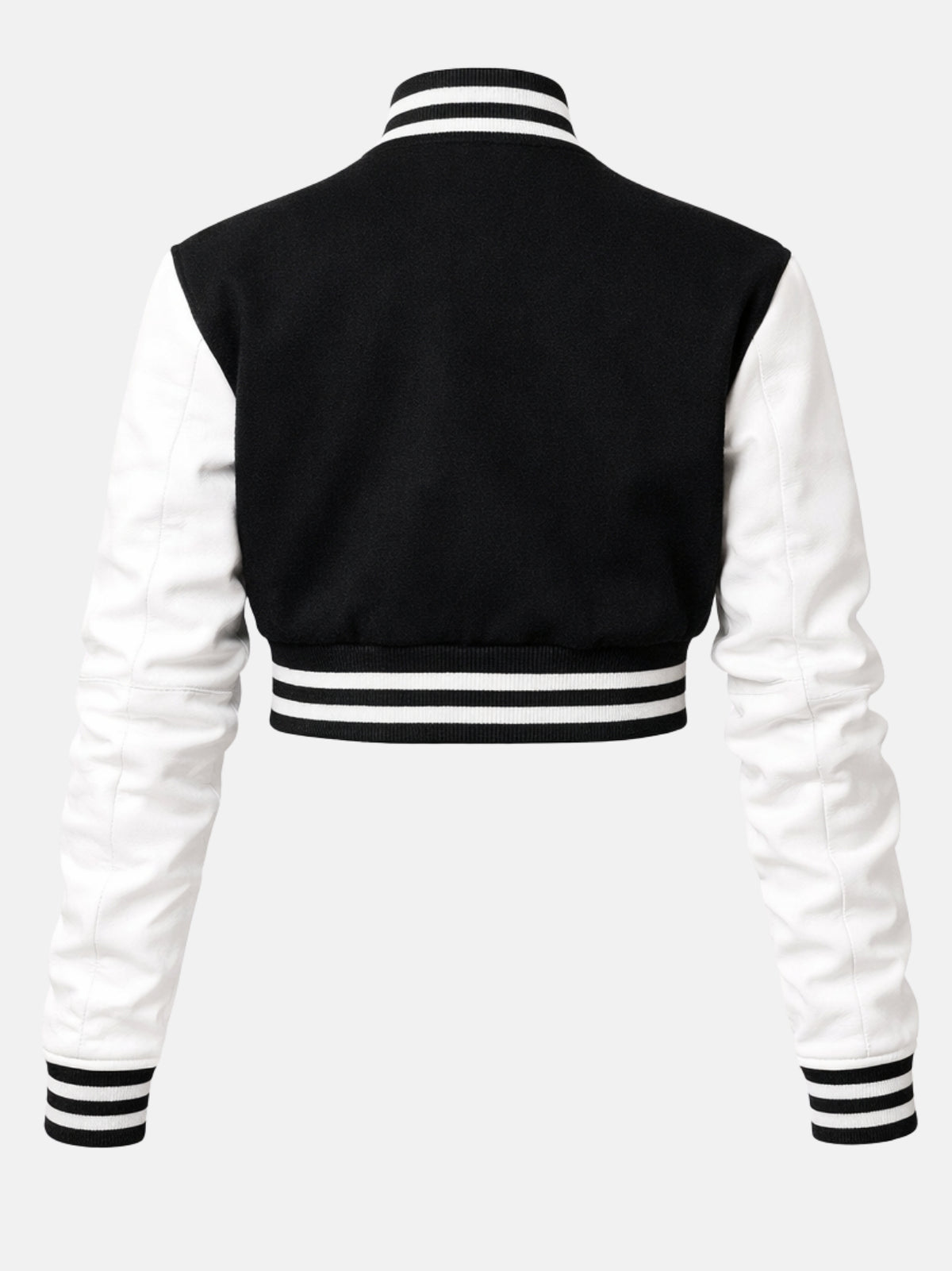 Flat lay, back, black wool panel with white leather sleeves meeting at a set-in shoulder seam