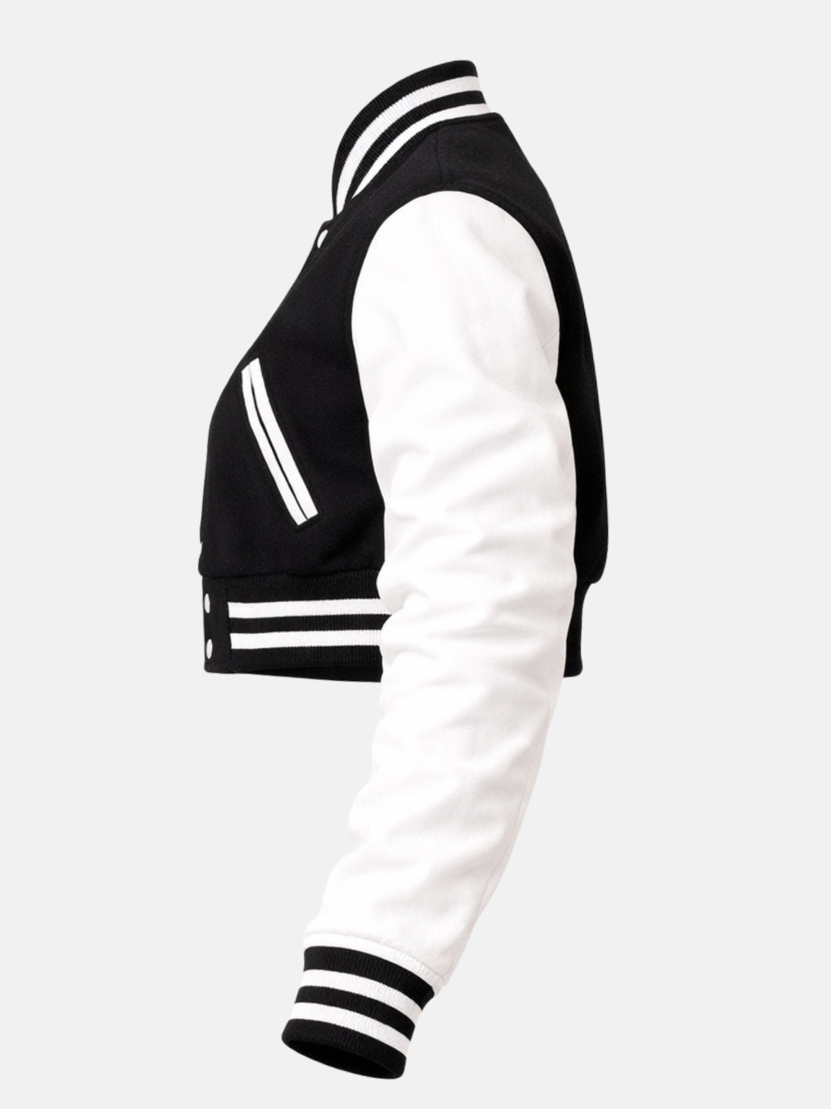 Flat lay, straight side profile, showing the high-contrast line between black wool and white leather