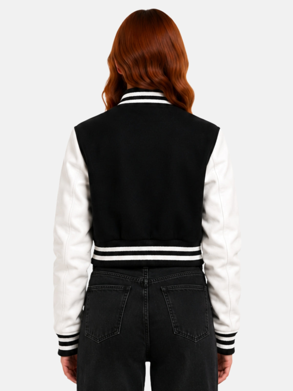 Back view of model showing the black wool back panel against the white leather sleeves