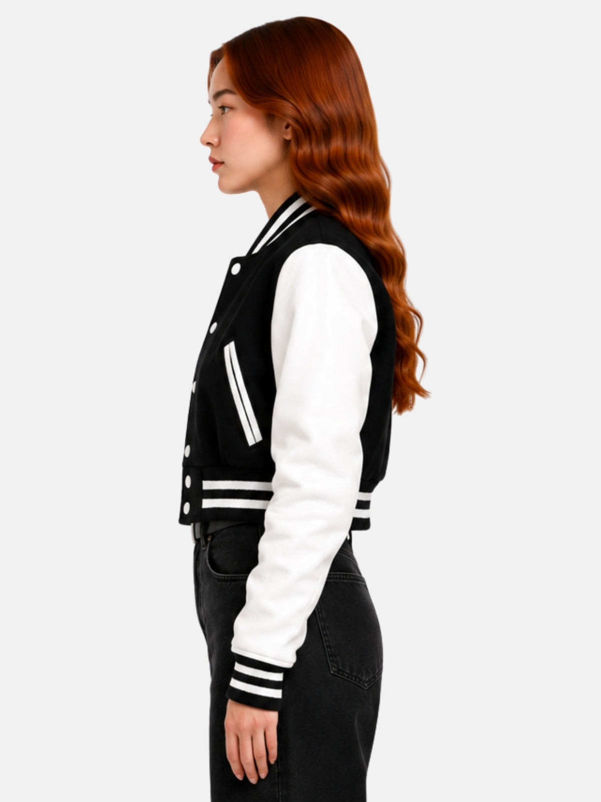 Side profile of model showing the set-in shoulder seam where the white leather sleeve meets the black wool body