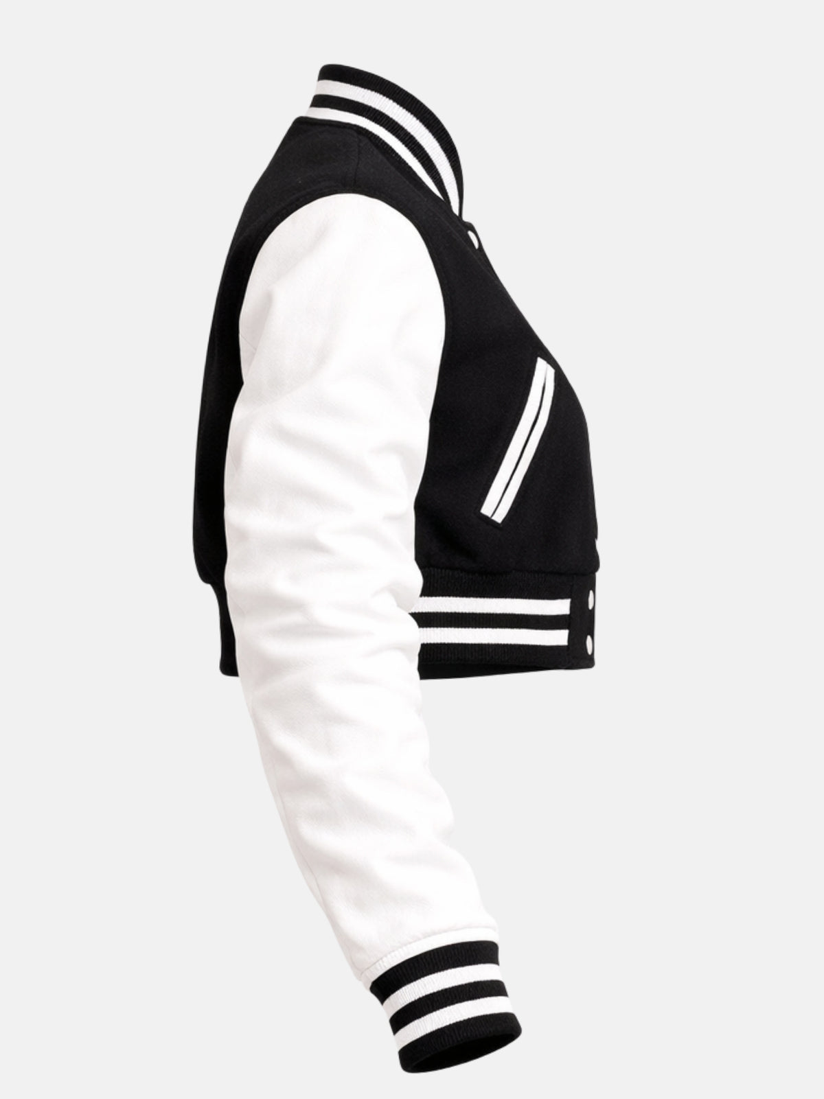Black and white varsity jacket with striped sleeves on a light gray background