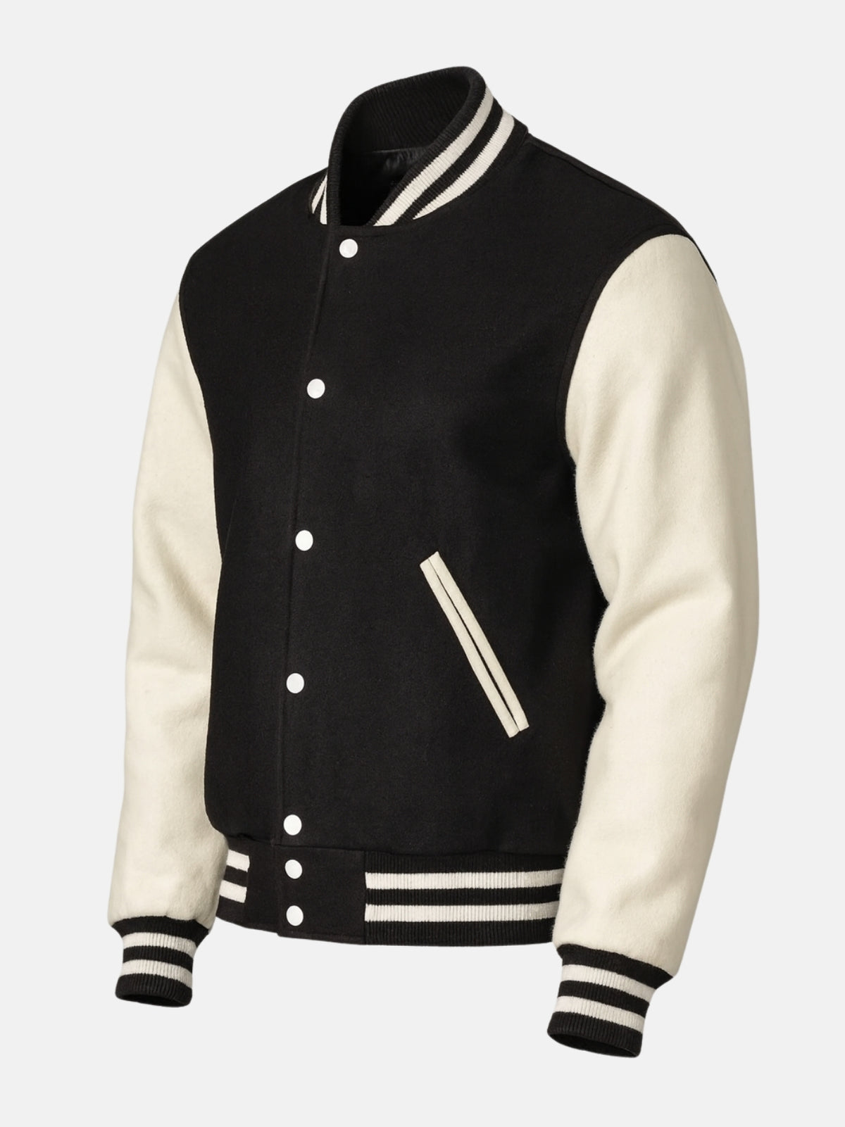 Angled view of black and white wool varsity jacket with striped stand collar