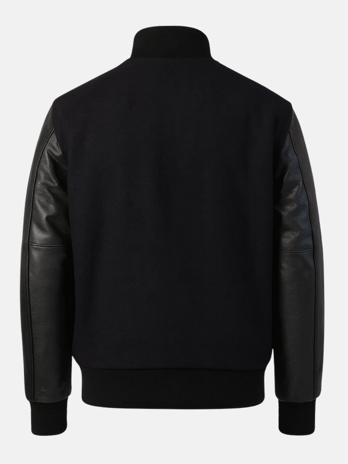 Plain back panel of black wool bomber varsity jacket, ready for custom embroidery or patches