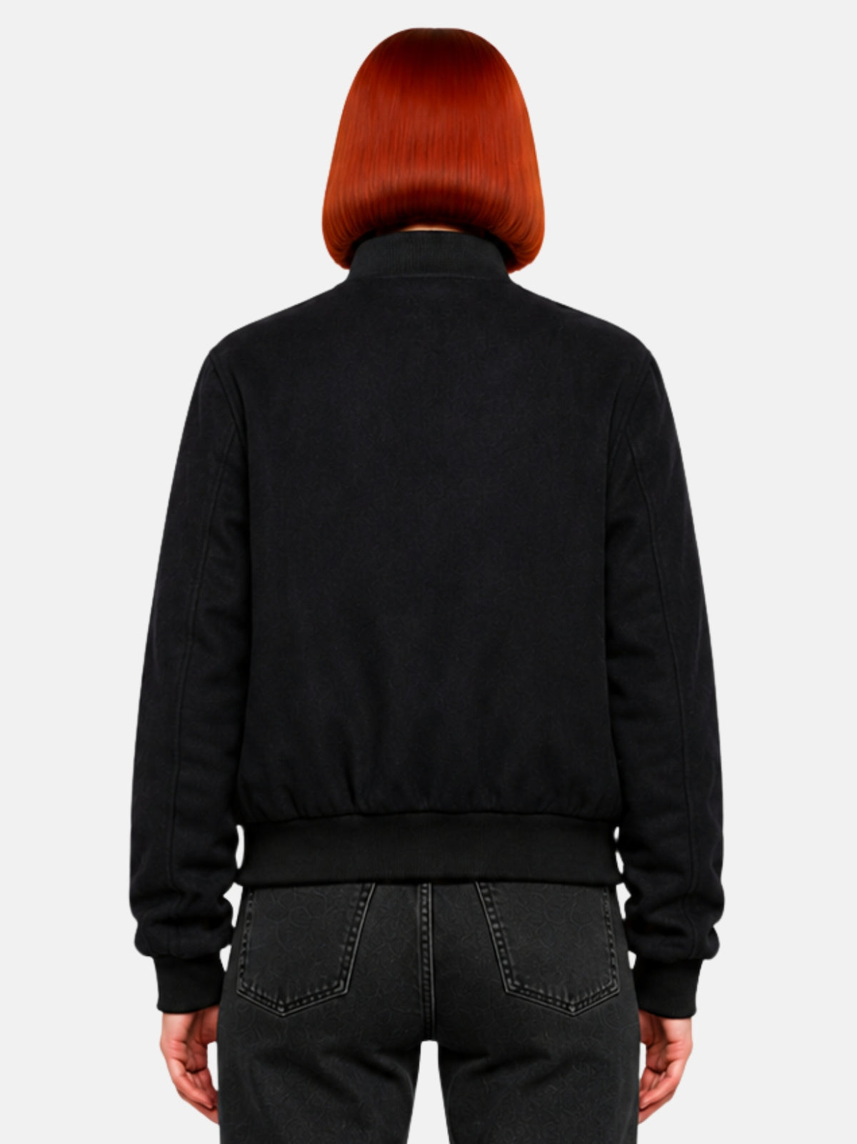 Back view of black wool letterman jacket showing the fitted back panel