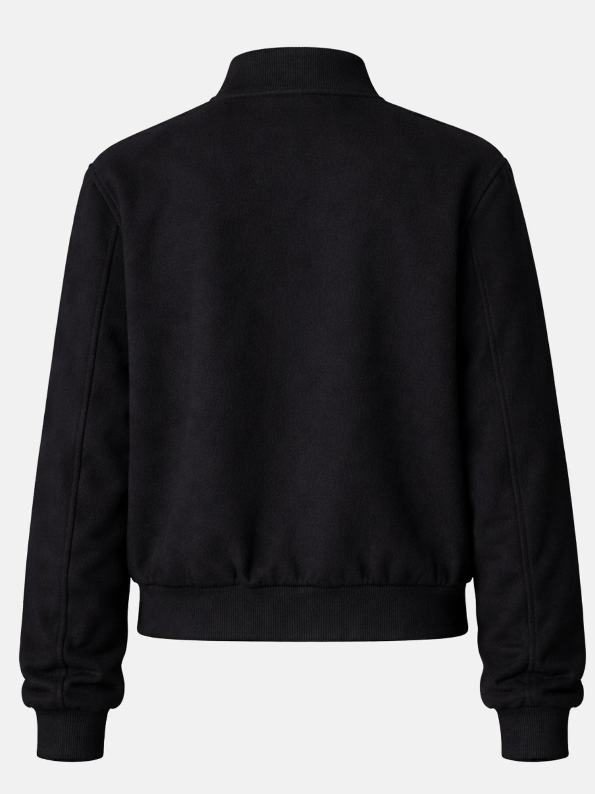 Flat lay back of black wool letterman jacket showing the solid back panel