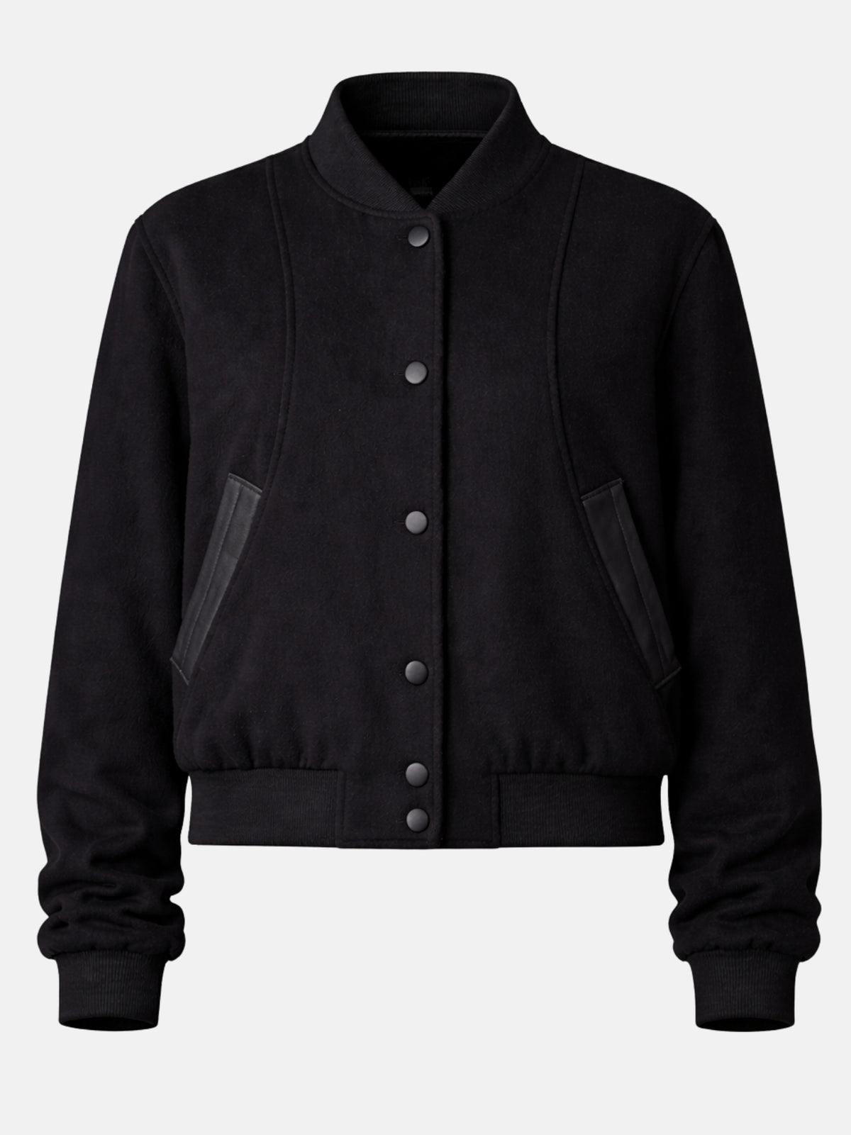 Flat lay of black wool jacket with leather pocket trim and princess seams