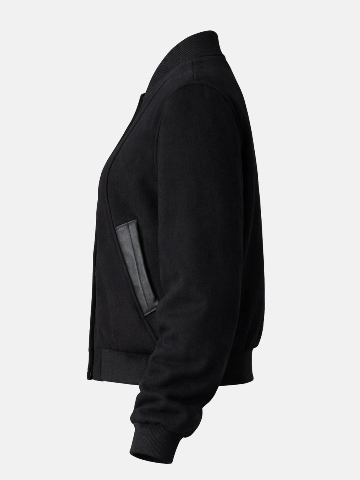 Flat lay side view of black wool jacket showing leather pocket trim detail