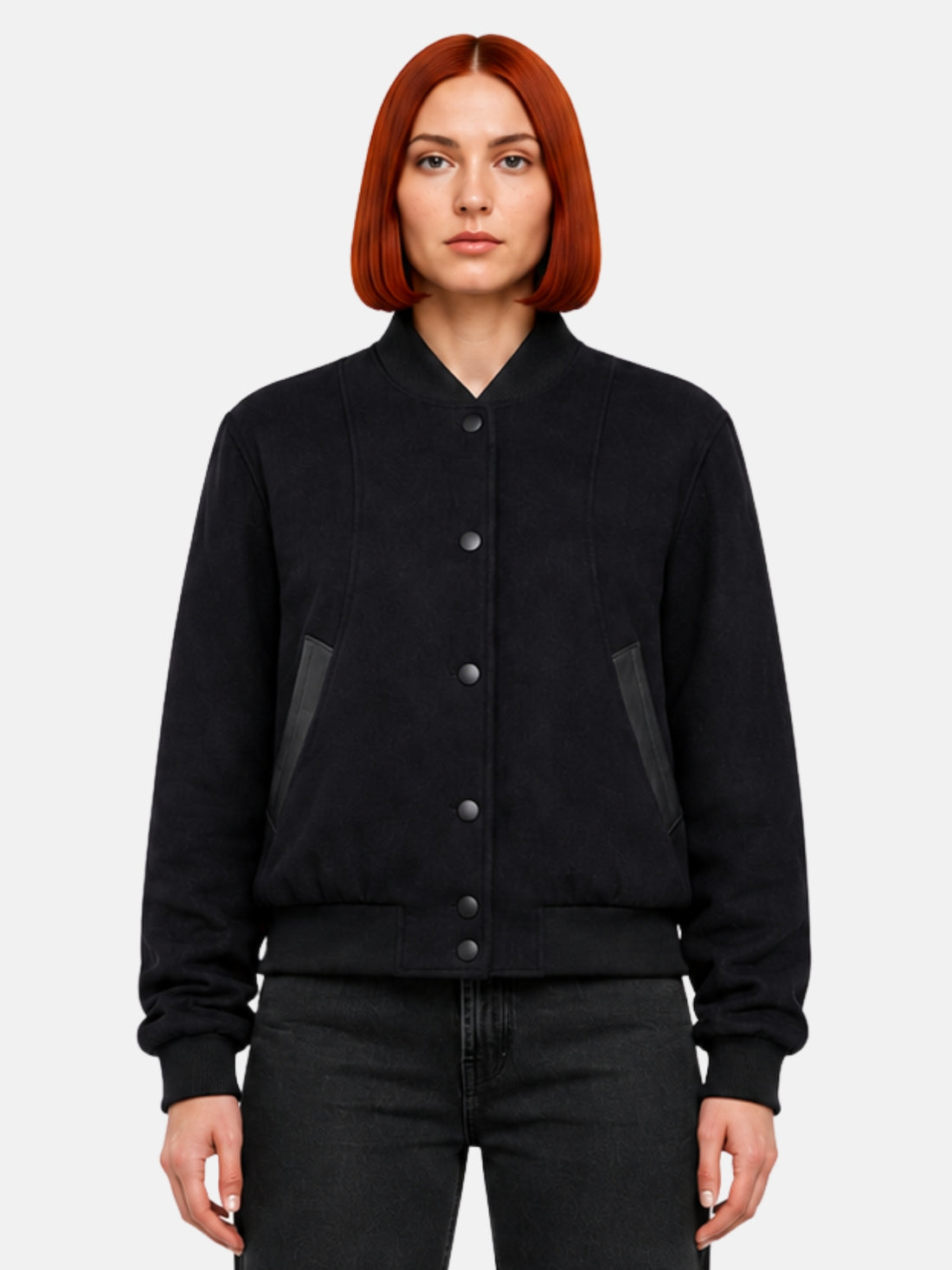 Matte black wool letterman jacket with leather-trimmed pockets on model