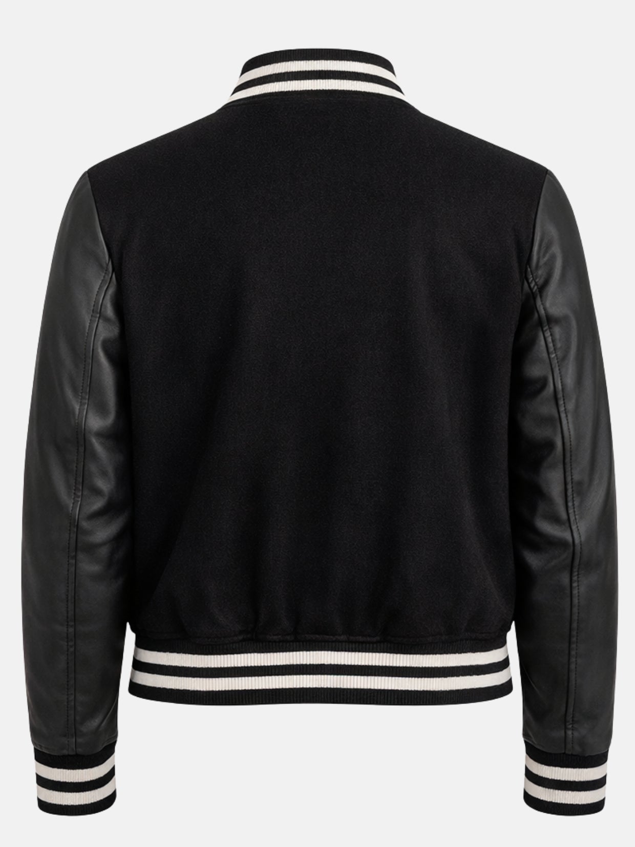 Flat back shot of black wool varsity jacket with leather sleeves