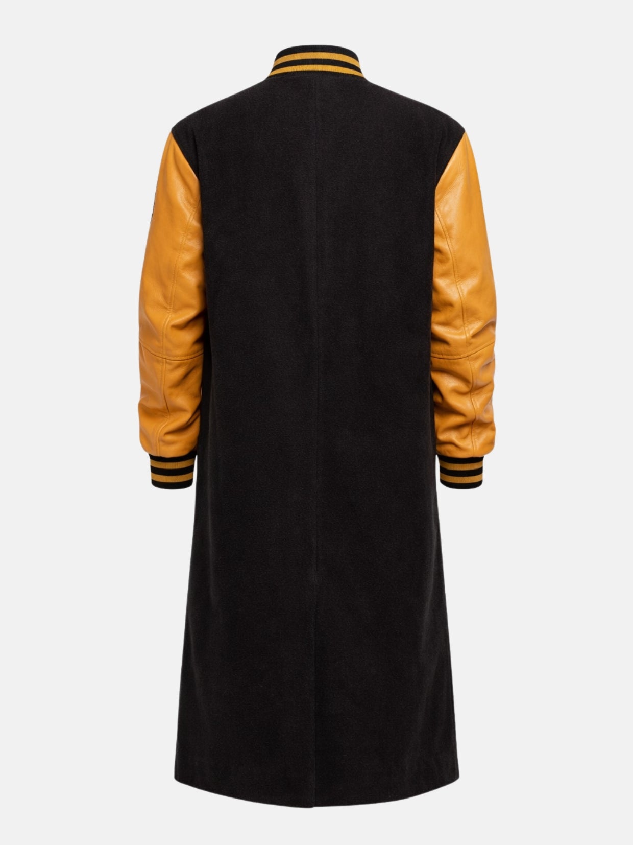 Black wool longline bomber coat with gold leather sleeves and ribbed trim, back view