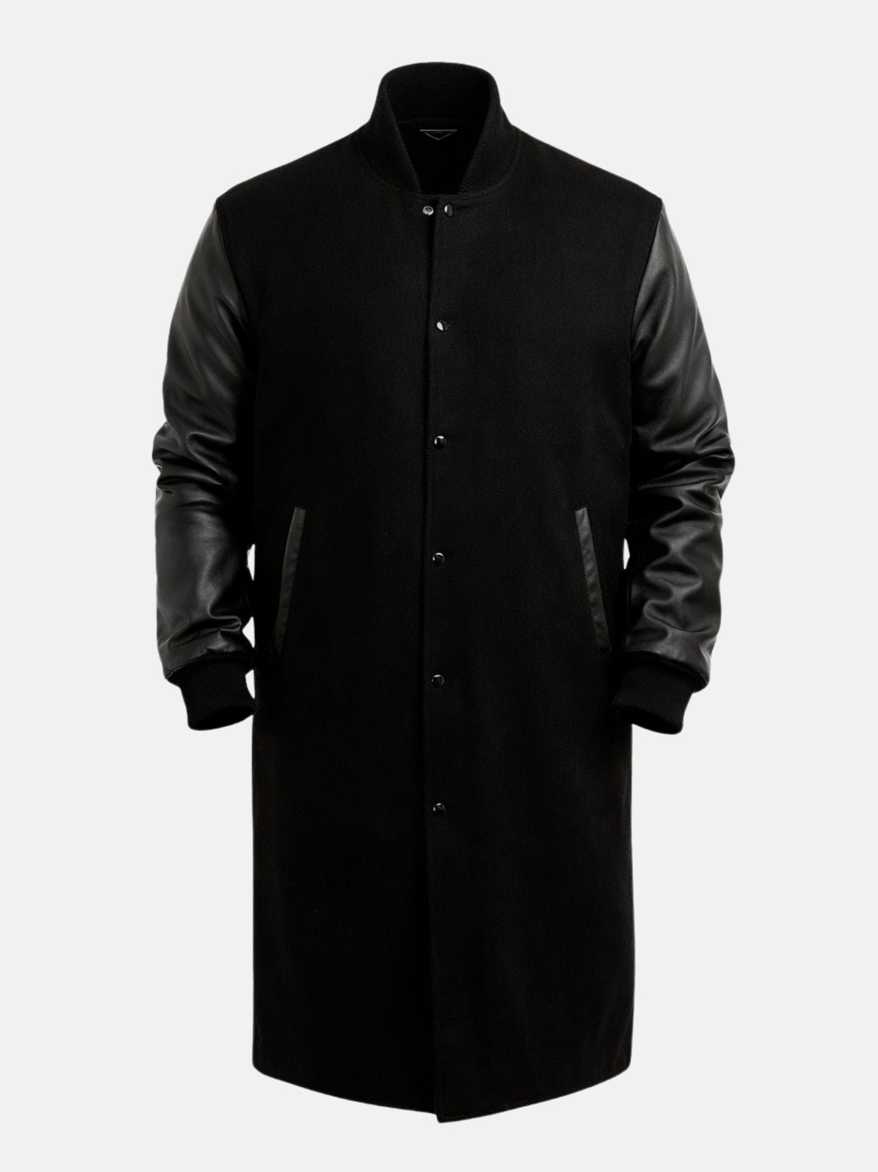 Black wool varsity coat with tonal snap placket, leather-trimmed pockets and rib collar
