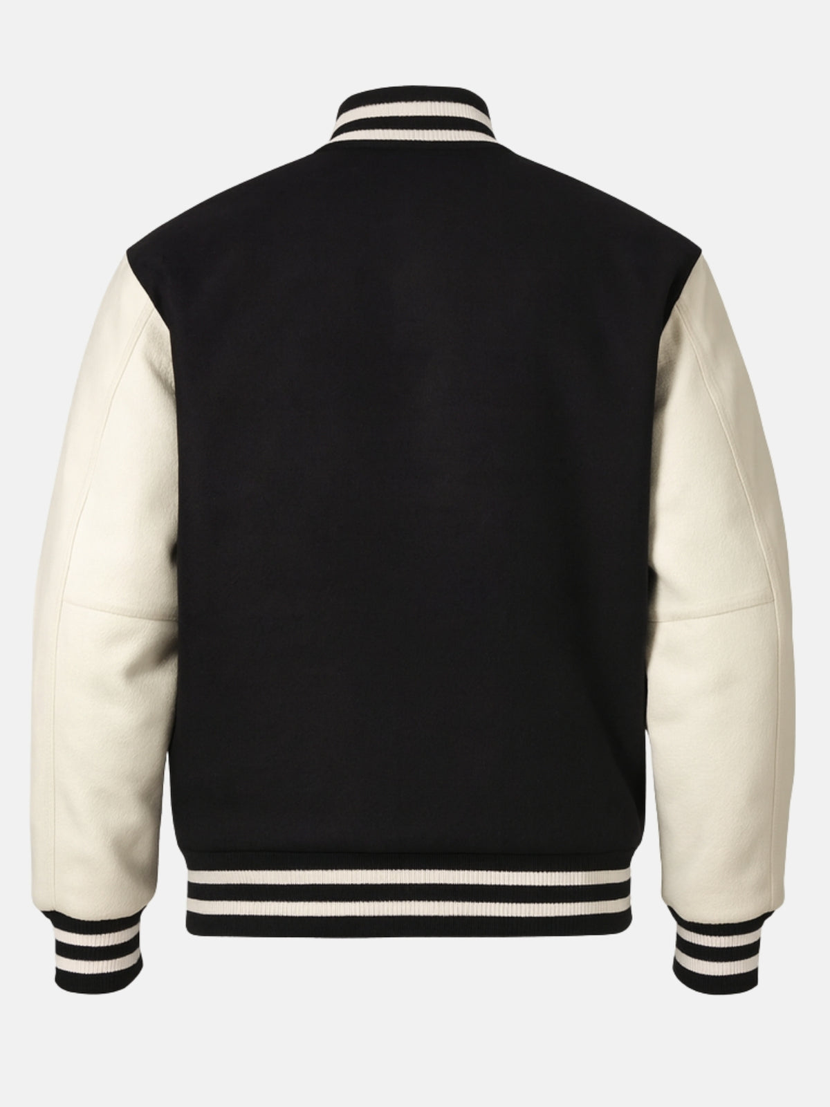 Flat back shot of black wool varsity jacket with ivory sleeves and striped hem