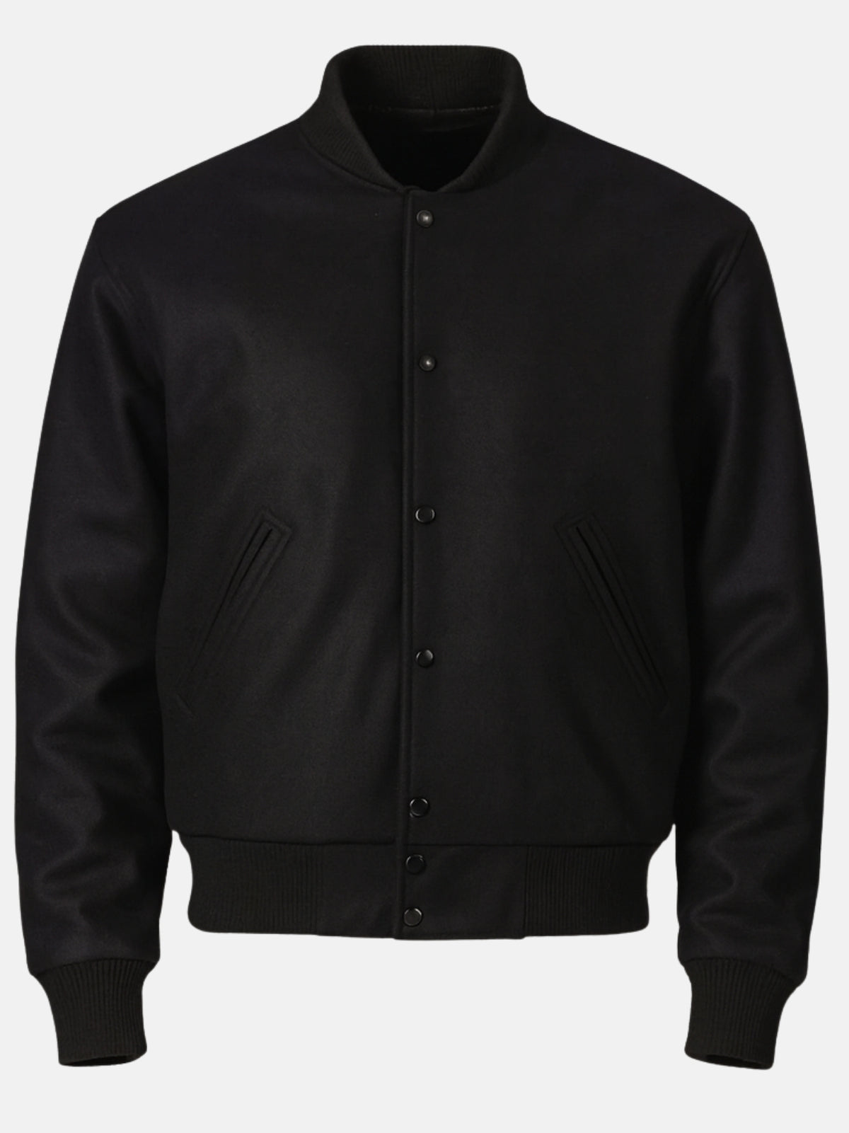 Black wool varsity jacket flat front with matte black snap placket and slanted welts