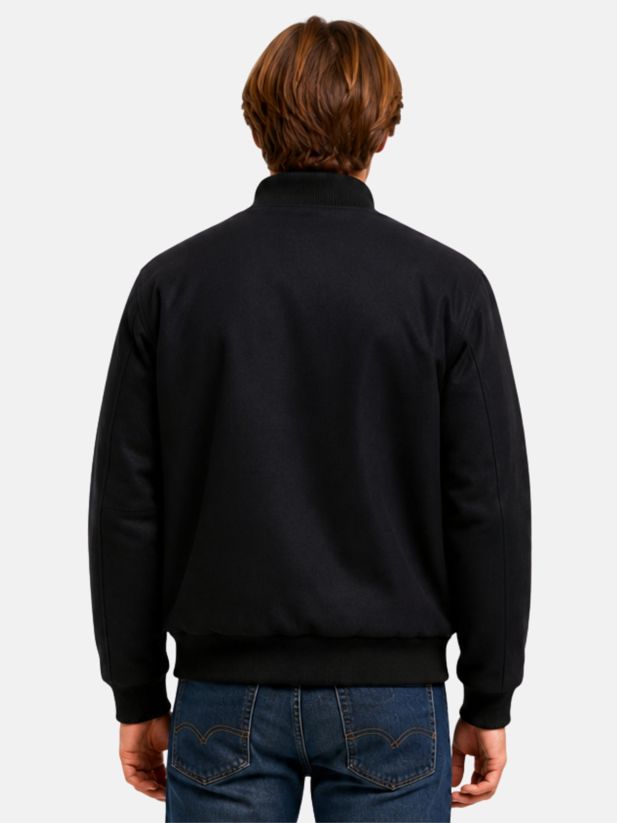 Back view of black wool varsity jacket with clean, patch-free back panel
