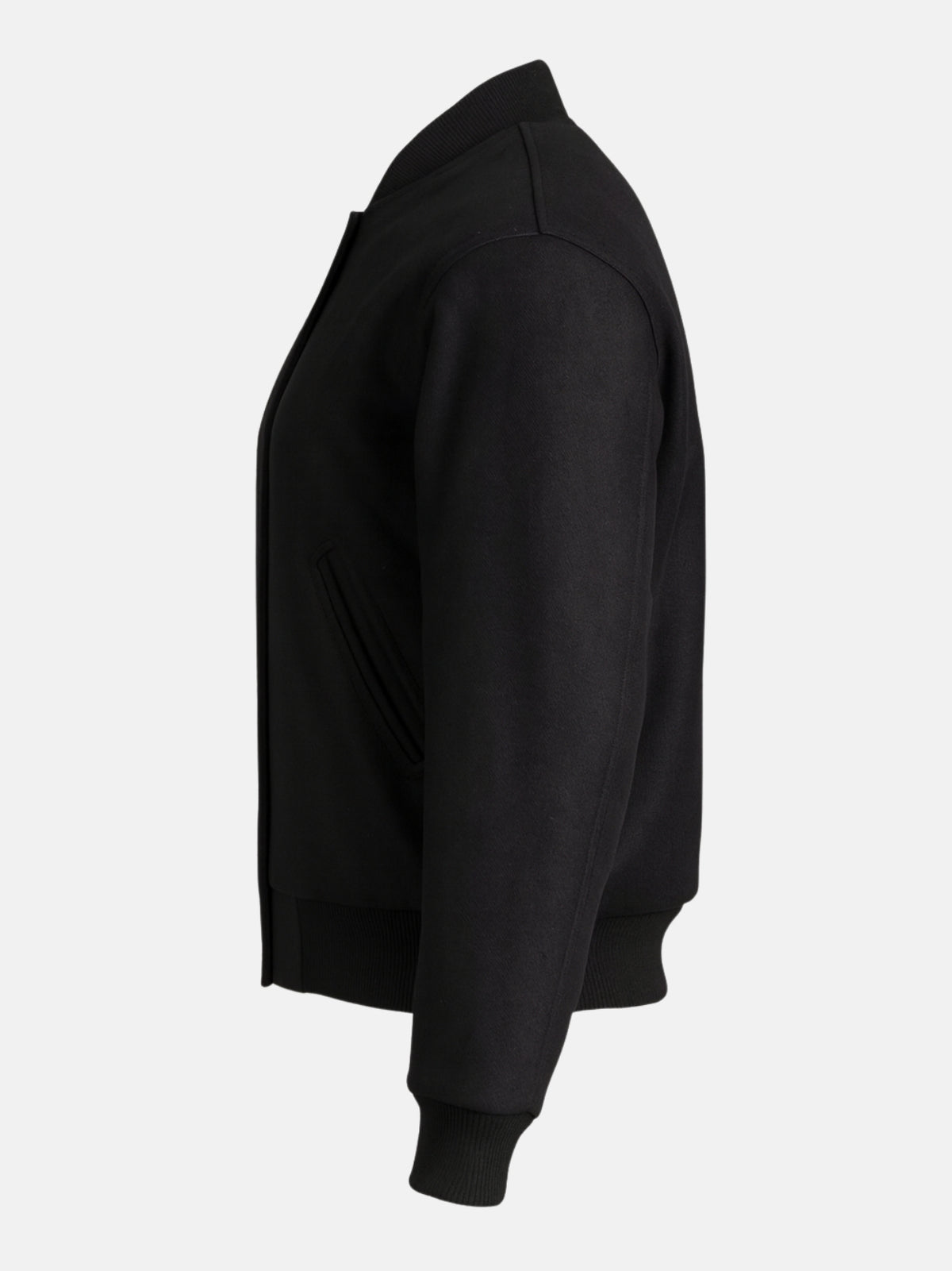 Side flat view of black wool varsity jacket with tonal welt pocket and ribbed cuff