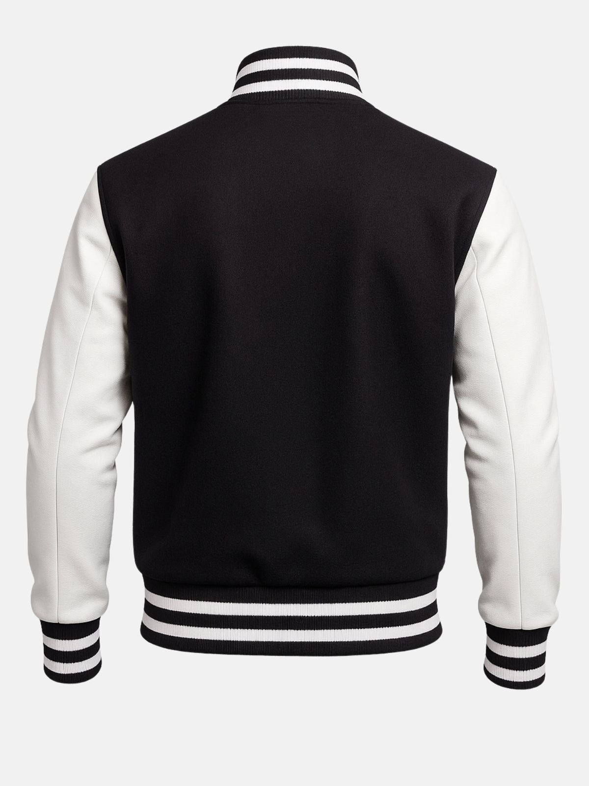 Customization-ready blank back of black wool varsity jacket with white leather sleeves