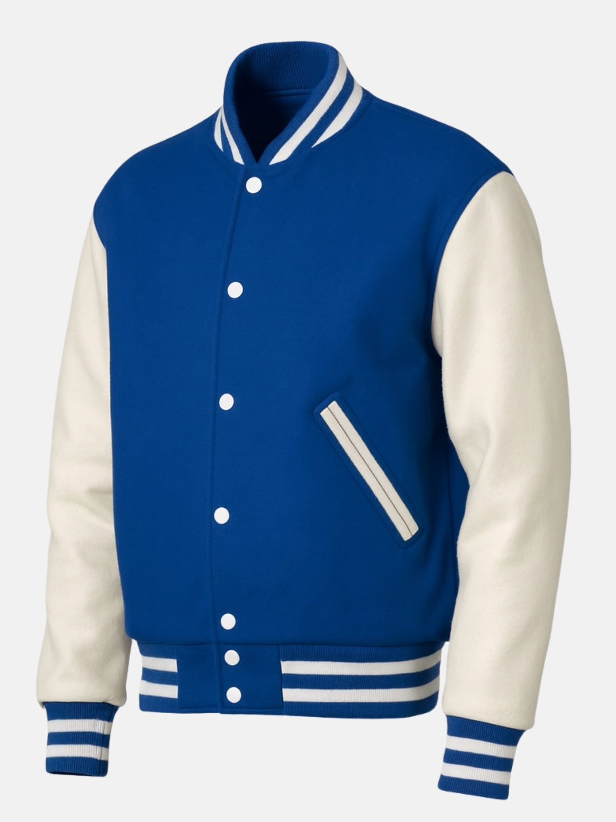 Angled front view of blue and white varsity jacket with snap placket and hem tab