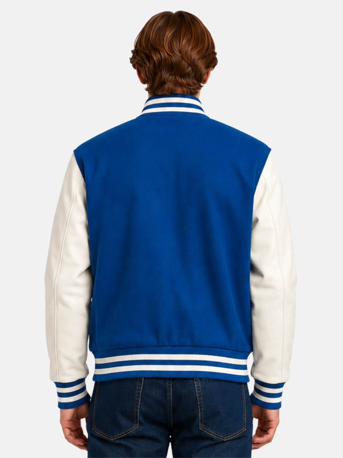 Back view of blue and white varsity jacket with clean, patch-free back panel