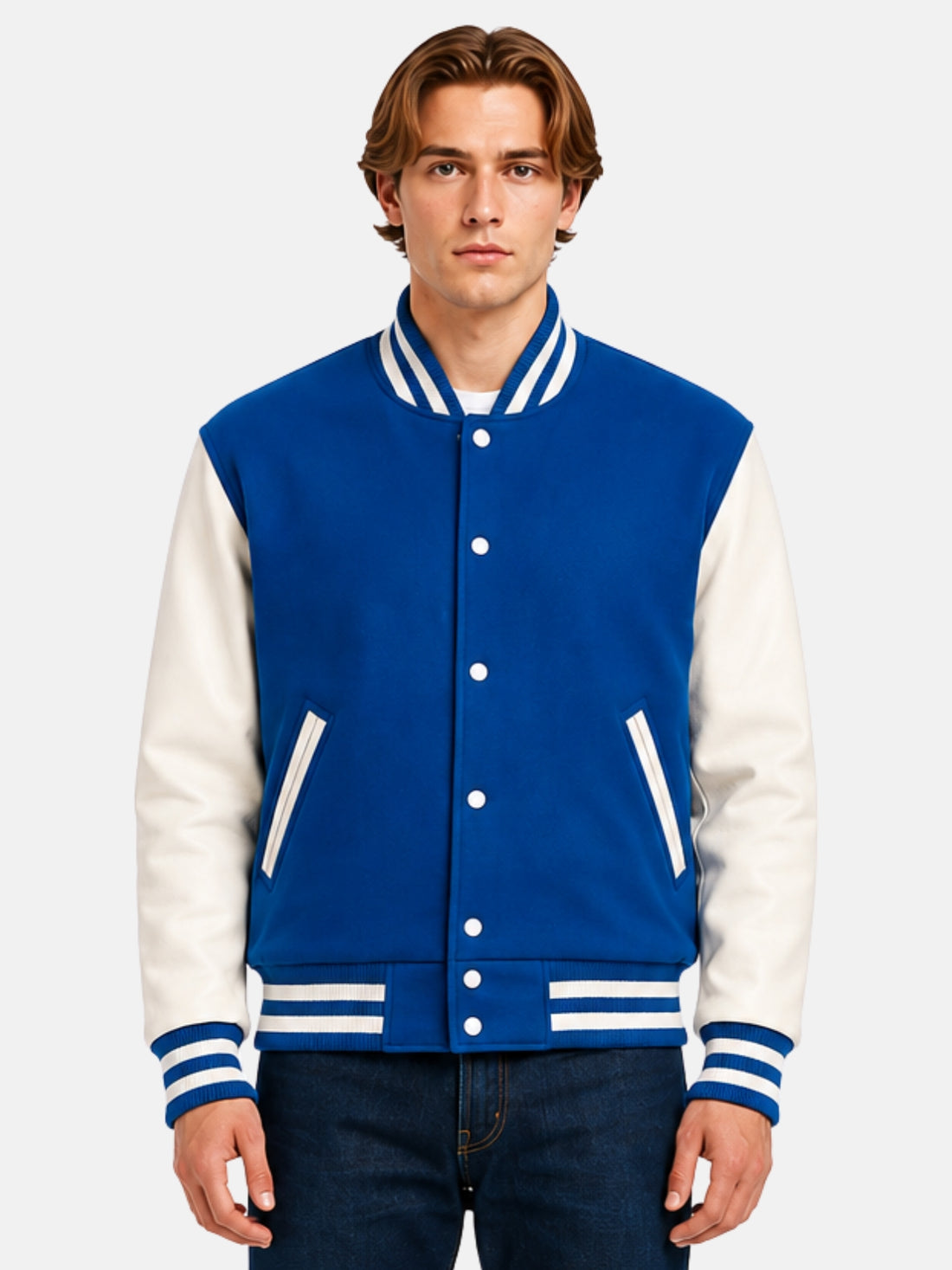 Man wearing a blue and white varsity jacket with striped rib trims and snap front