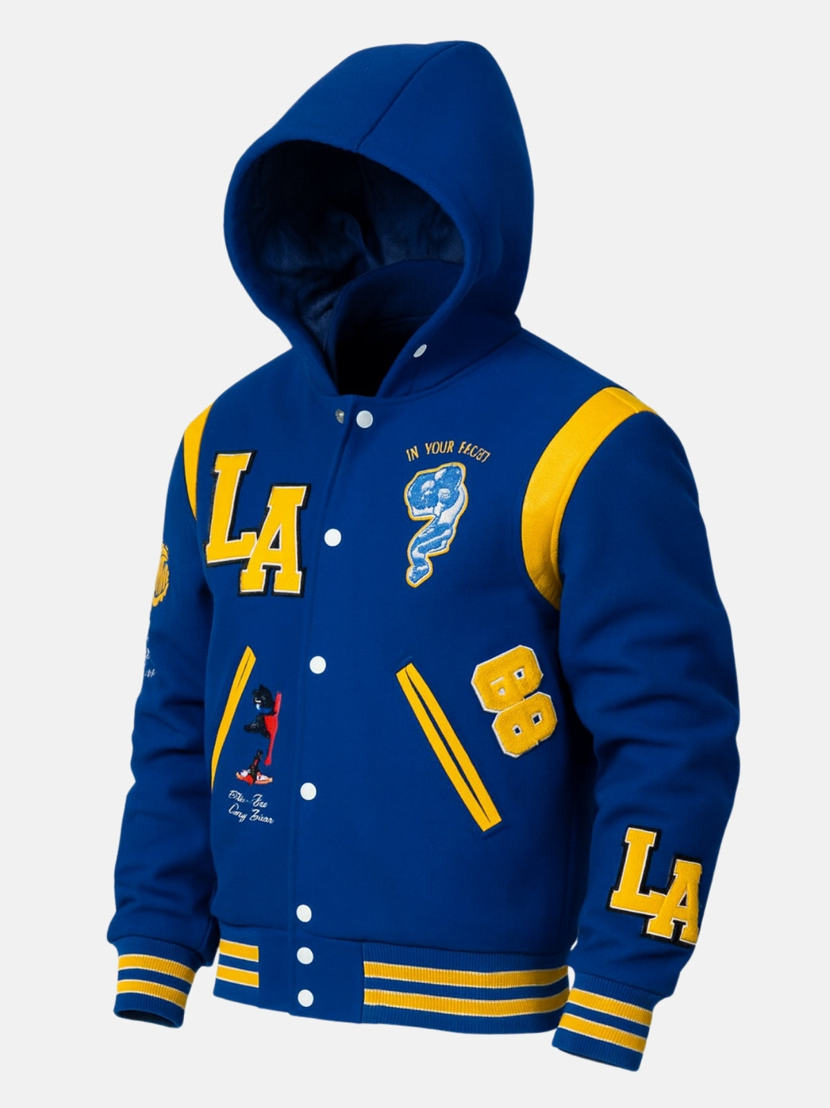 Angled view of blue and gold hooded varsity jacket with striped ribbing and snaps